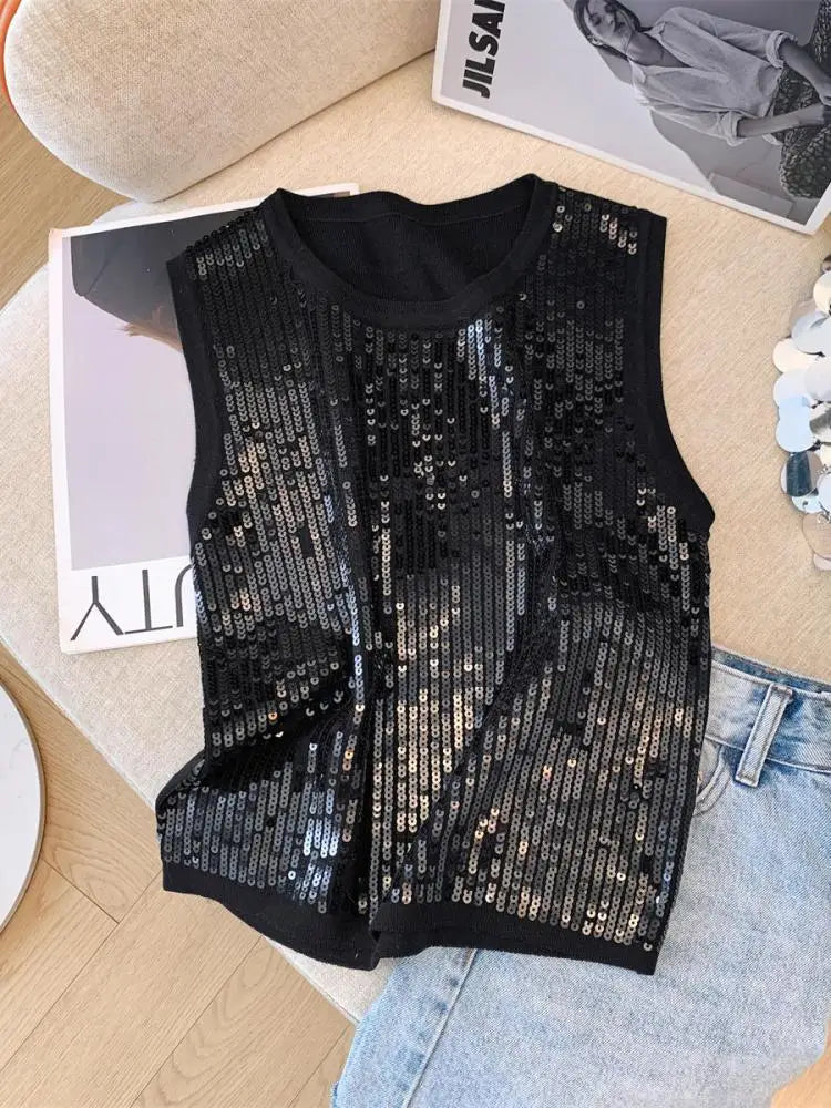 Elegant Black & Beige Sequin Knitted Sleeveless Top for Women - 2024 Summer Retro Y2K Fashion Vest | Perfect for Vacation, Parties & Night Out