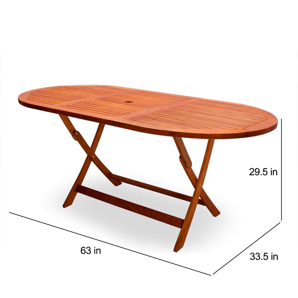 Folding Acacia Wood Outdoor Dining Table with Umbrella Hole - 63 x 34 Inch Patio Table for Garden, Backyard, Poolside & BBQ Parties - Durable Weather-Resistant Wooden Furniture for Outdoor Entertaining