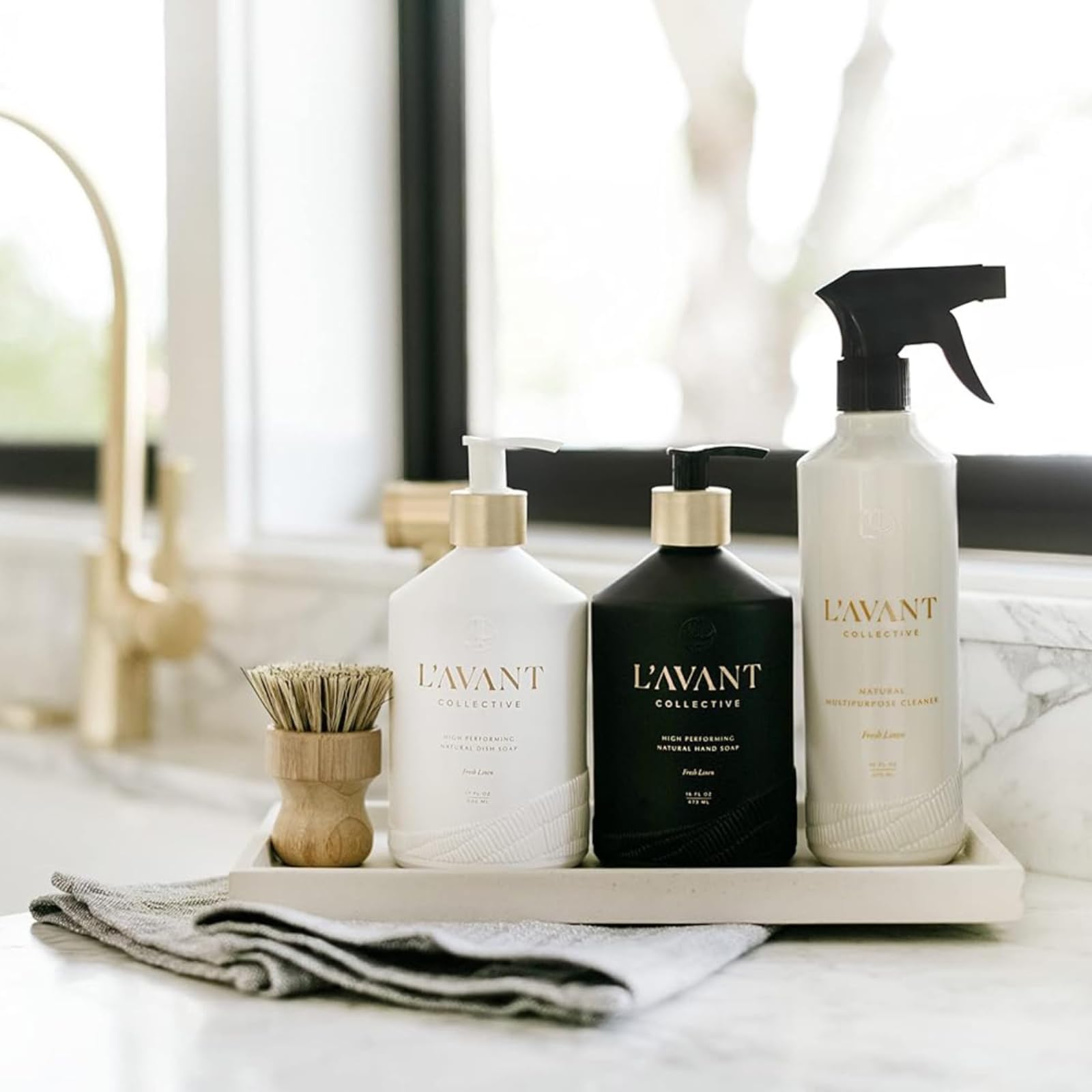 L'AVANT Collective Luxury Sink-Side Starter Bundle - Lucite Vanity Tray, Hand & Dish Soap, Hand Lotion in Reusable Glass Bottles & Bamboo Dish Scrubber | Elegant Kitchen & Bathroom Essentials | Perfect Hostess Gift Set (Fresh Linen Scent) for Home Spa, Bridal Shower & Housewarming Parties