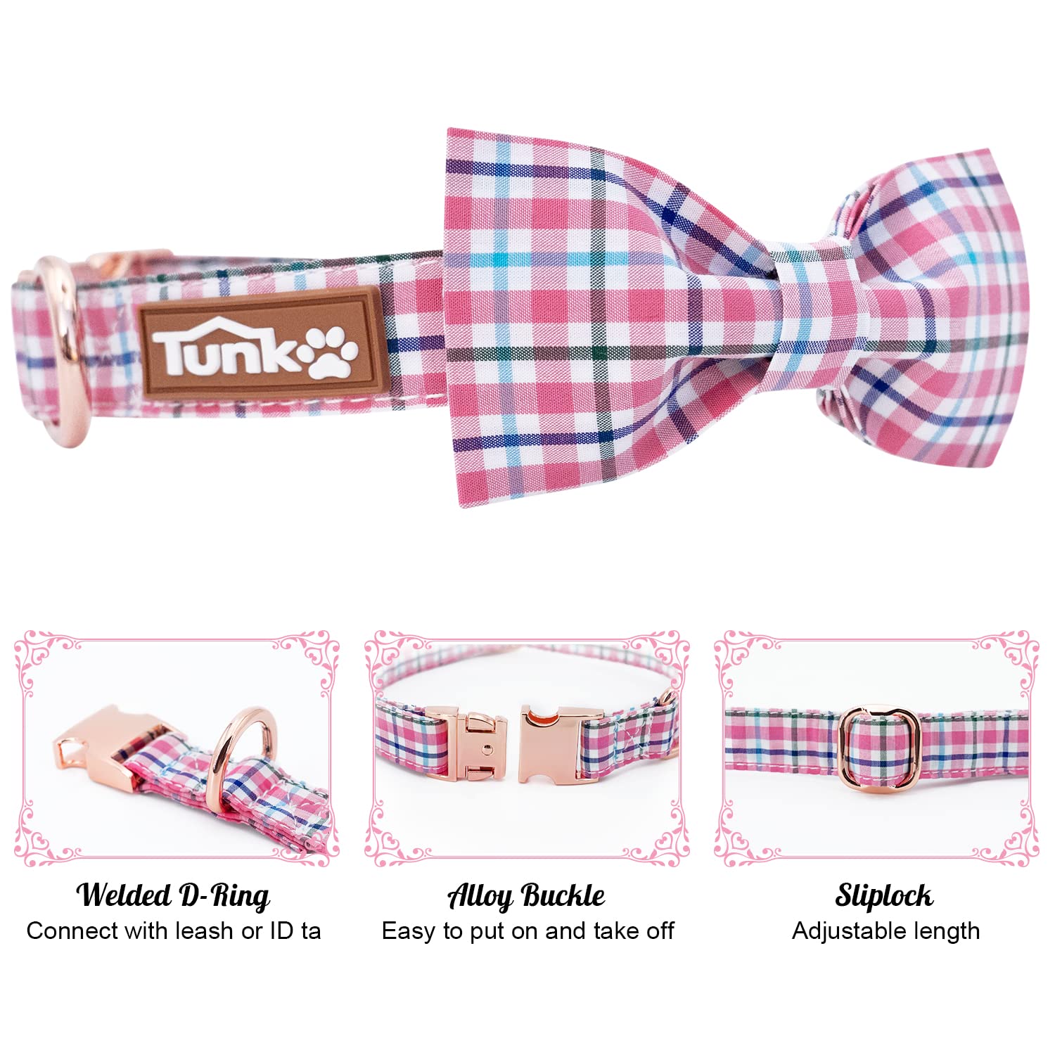 Elegant Plaid Dog Collar with Bow Tie - Soft Comfy Cotton Adjustable Pet Collar for Small Medium Large Puppy & Cat - Premium Metal Buckle for Outdoor Training, Walking, Running (Pink Grid, Small) - Perfect for Daily Walks, Pet Parties & Photo Shoots
