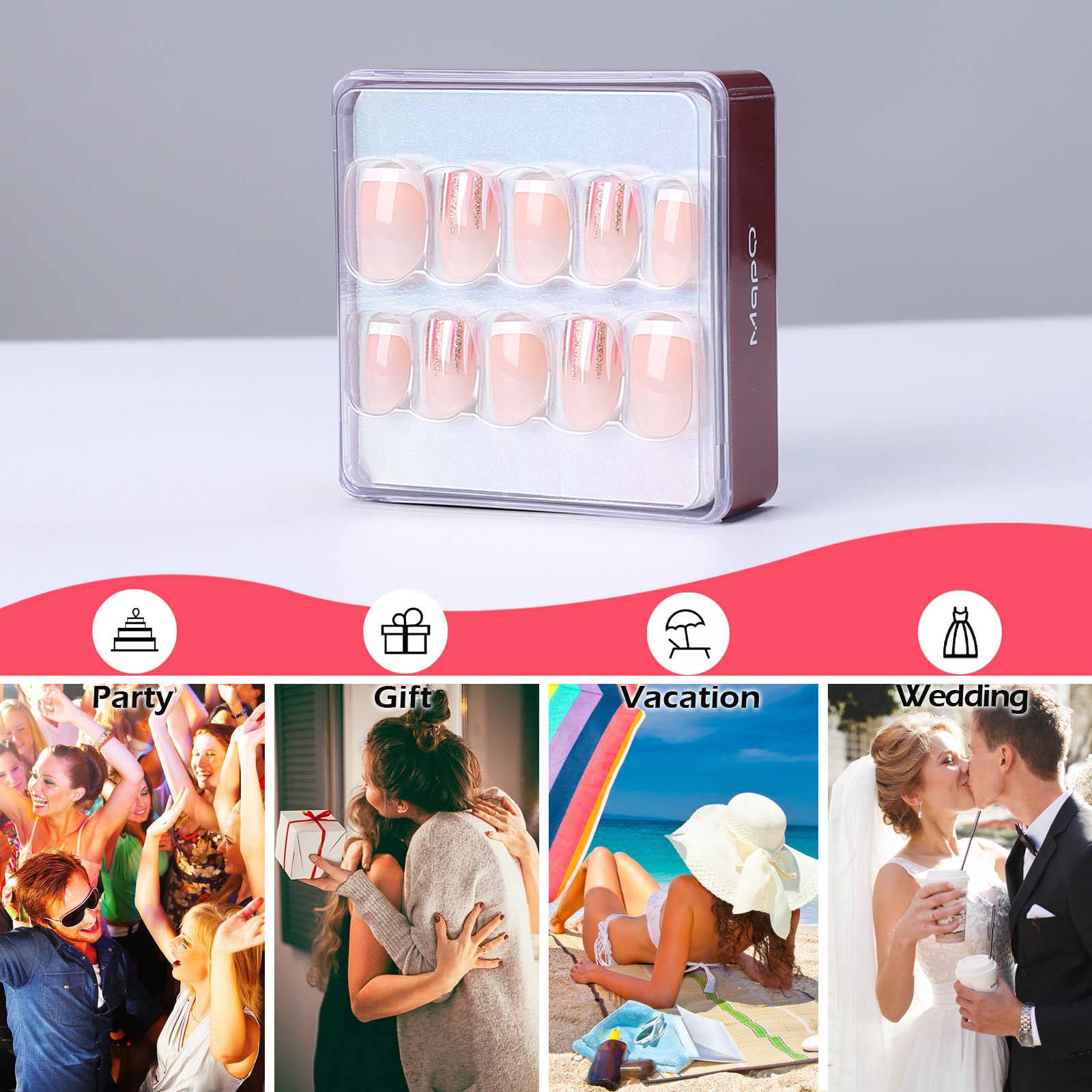 Nude Pink French Press On Nails - Short Square Fake Nails with White, Red & Gold Glitter Design - 36pcs Full Cover Glossy False Nails for Women & Girls - Perfect for Parties, Weddings, and Everyday Wear