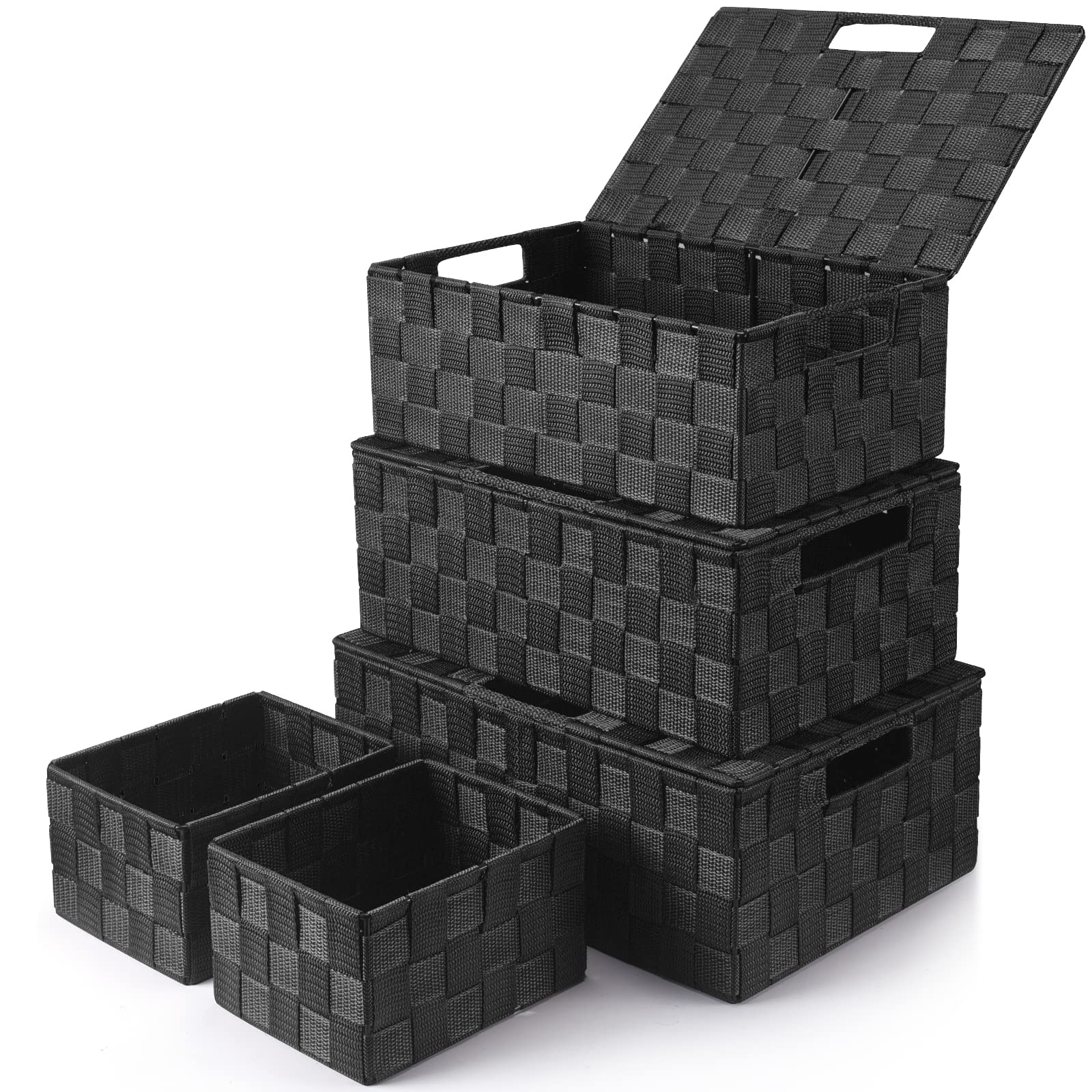 Uvellgift 5-Pack Black Woven Storage Bins with Lids - Decorative Storage Box Organizer for Clothes, Bedroom, Closet & Office - Space Saving Home Organization Solution for Shelves, Under Bed & Closet Storage