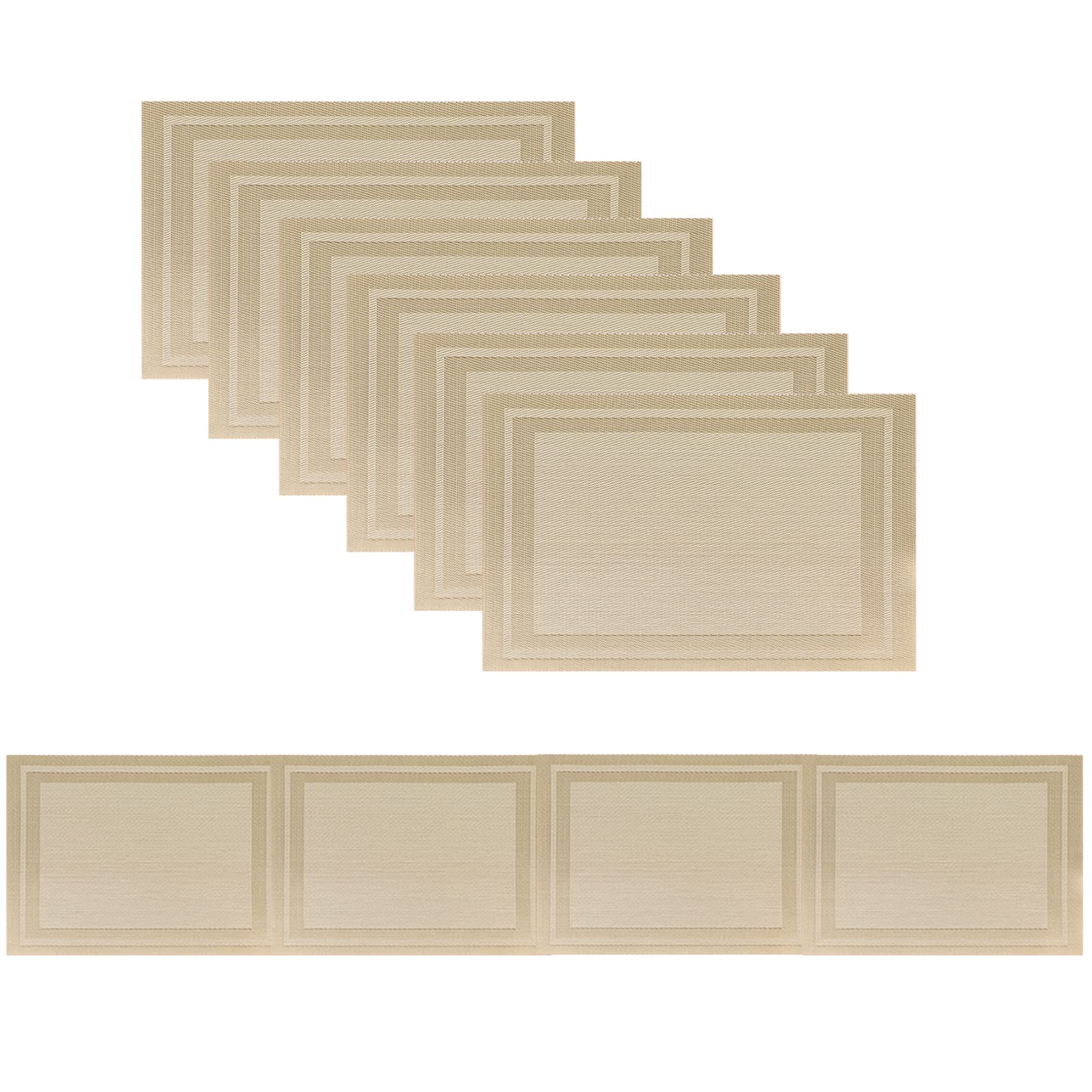 Washable PVC Placemats Set - 6 Woven Vinyl Table Mats + 1 Beige Table Runner for Dining Room, Kitchen & Outdoor Use - Waterproof & Durable Tableware Accessories