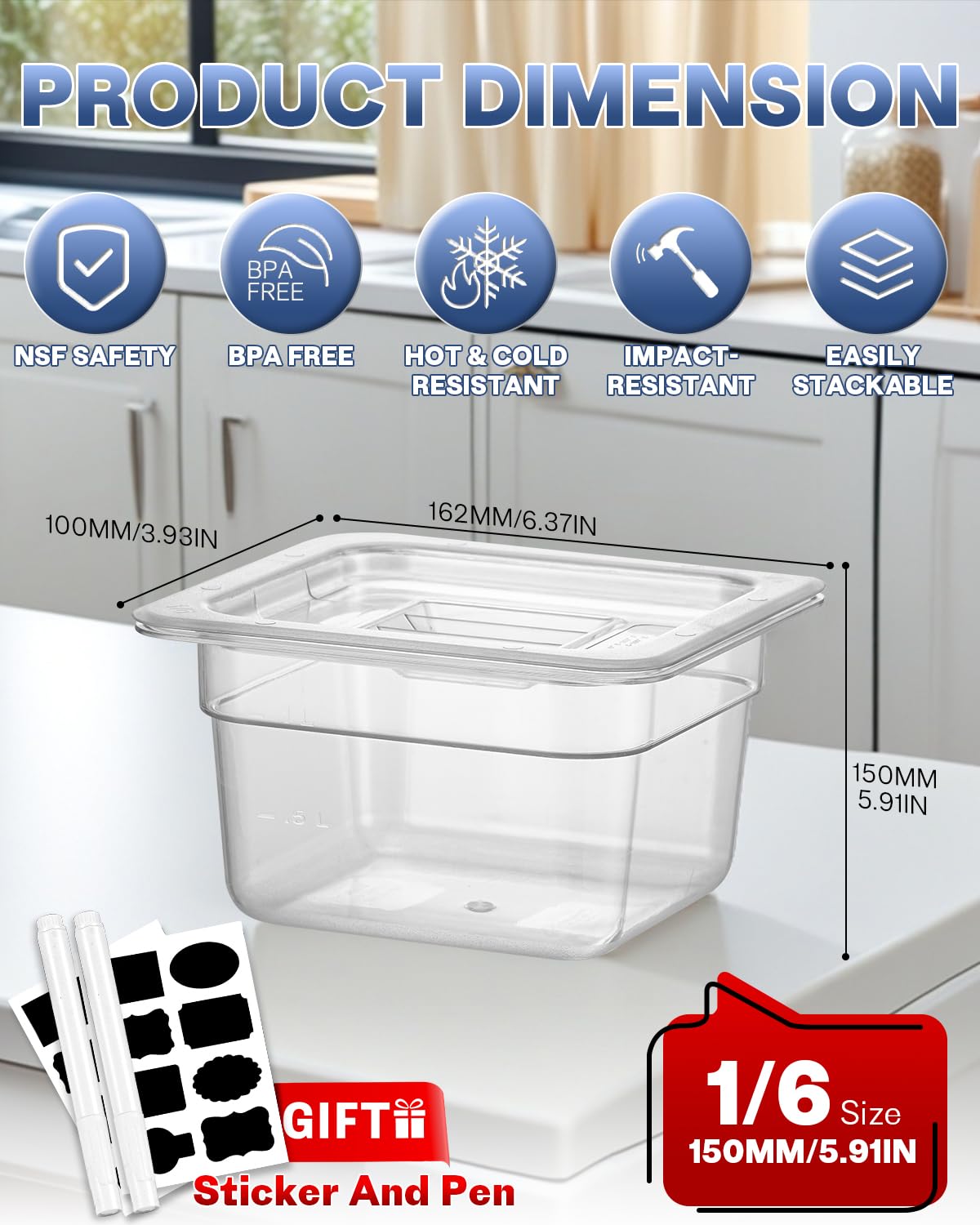 1/6 Size 6 Inch Clear NSF Polycarbonate Food Pan - 9 PCS Set | BPA-Free Commercial Food Storage Containers with Lids | Restaurant & Hotel Kitchen Use | Heat & Cold Resistant Food Grade Safe for Hot Buffets, Salad Bars & Meal Prep
