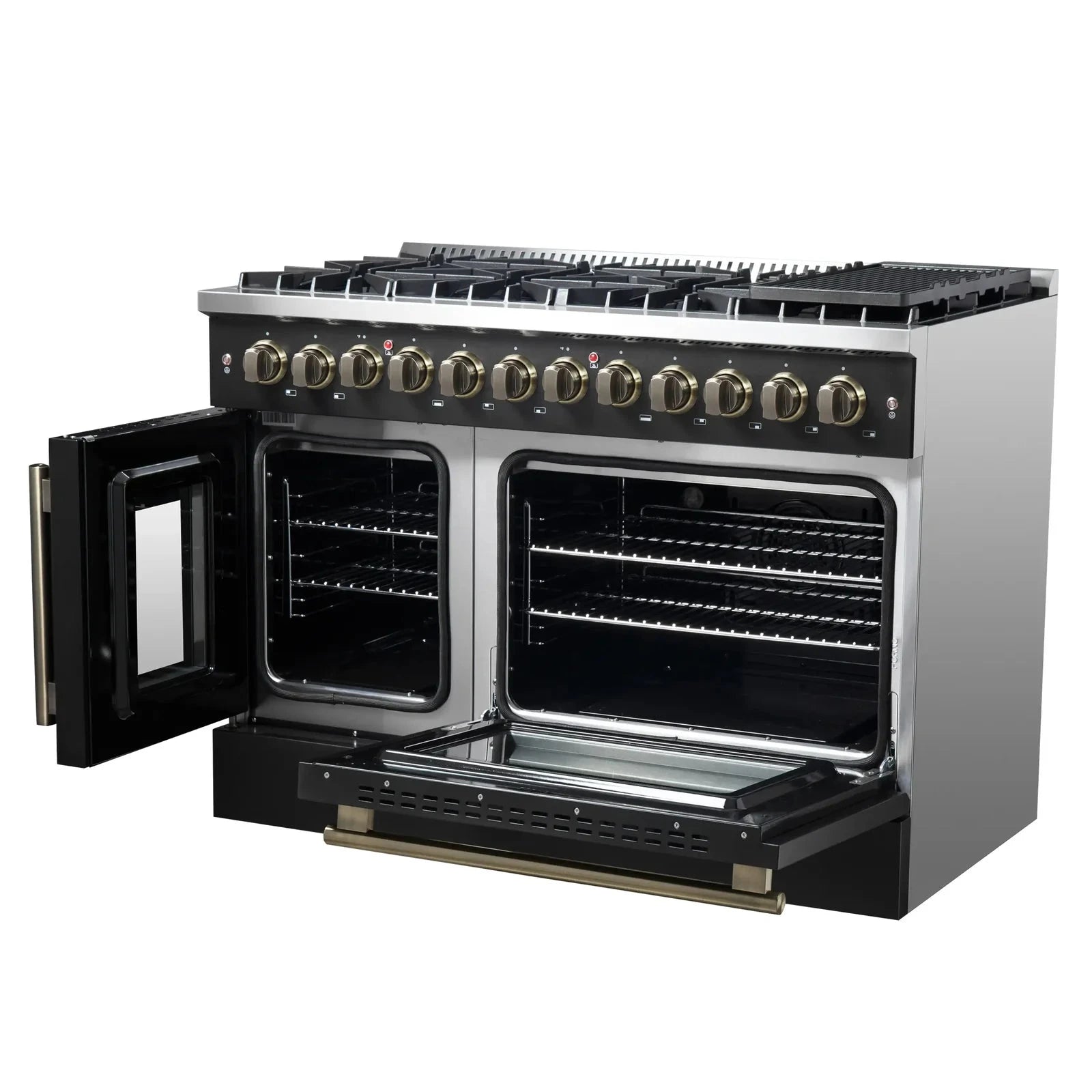 Forno Galiano 48-Inch French Door Dual Fuel Range with 8 Burners & Electric Convection Oven - Black Antique Brass Trim (Model FFSGS6356 48BLK) | Perfect for Professional Kitchens & Luxury Home Cooking