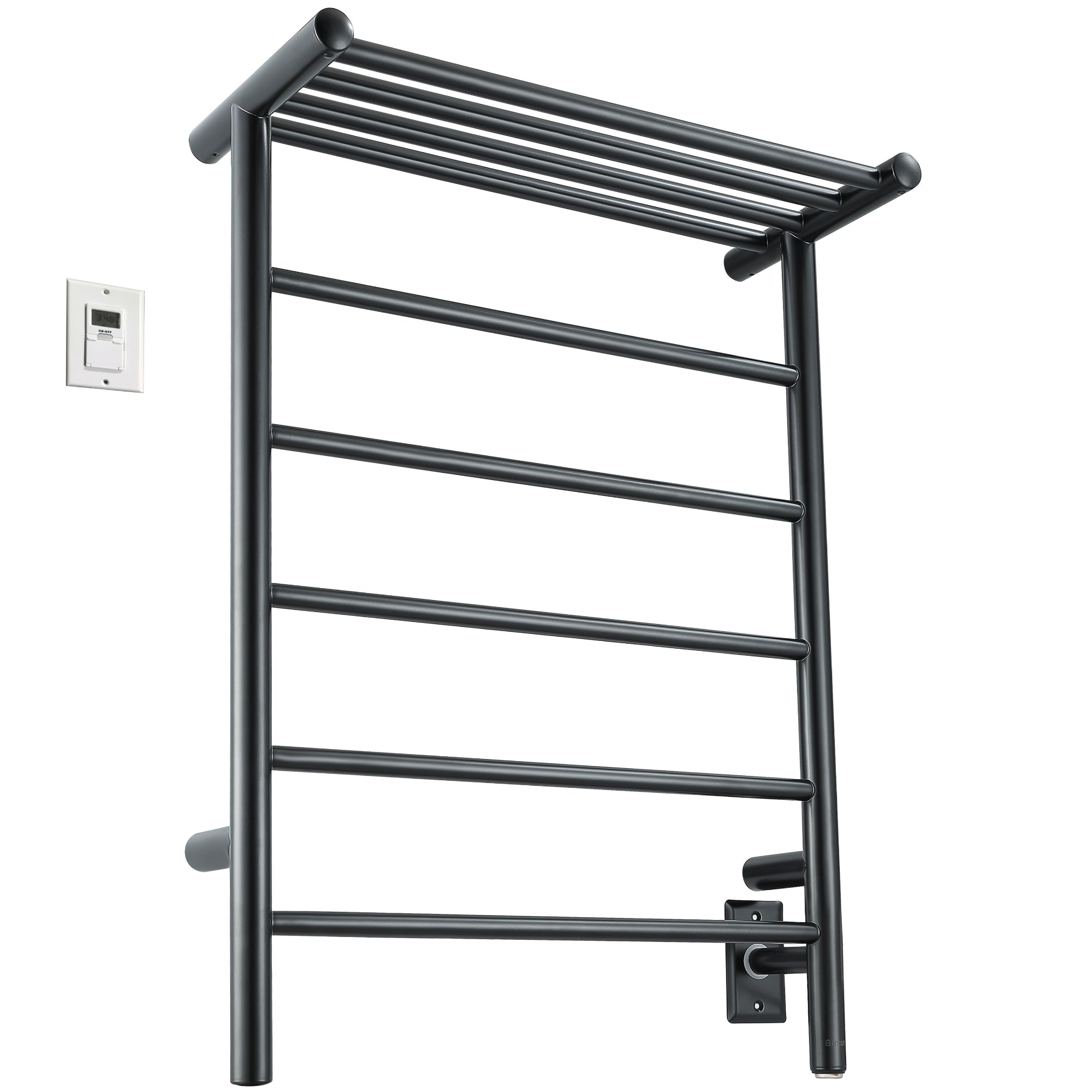 Ancona Miazzo 5 Bar Electric Wall Mount Towel Warmer - Plug In or Hardwire with Shelf & Timer - Matte Black - Perfect for Bathroom, Spa & Luxury Home Heating
