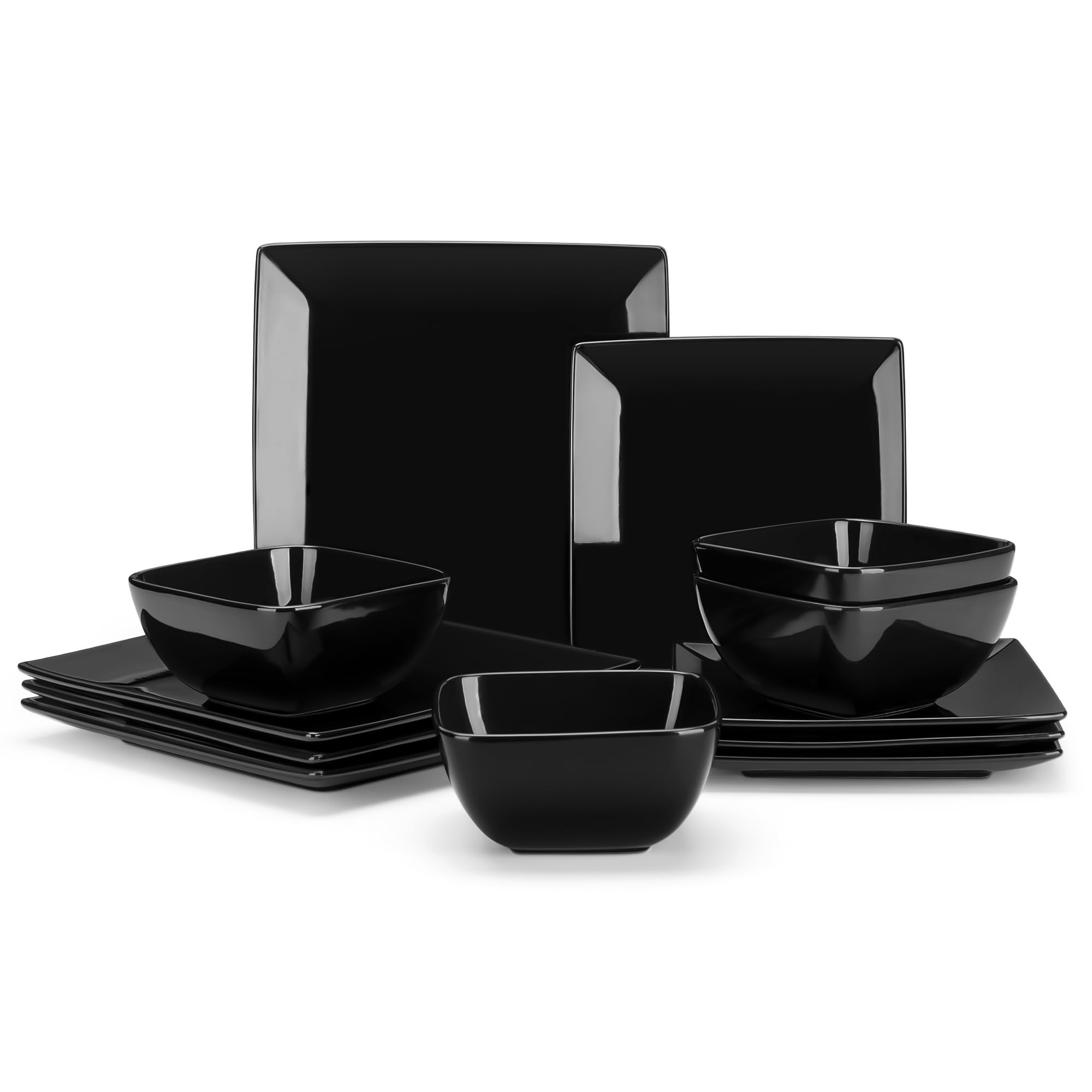 Vancasso Soho 12-Piece Black Stoneware Dinnerware Set - Square Plates & Bowls for 4, Modern Place Settings - Perfect for Family Dinners, Entertaining Guests & Restaurant-Style Dining