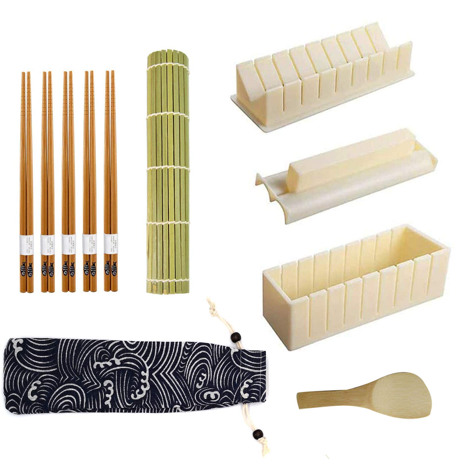 WLYATF Sushi Making Kit for Beginners - Bamboo Sushi Rolling Mat, Sushi Roller Mold, 5 Pairs Chopsticks & Sushi Paddle with Cloth Bag - Perfect for Home Cooking, Japanese Cuisine & DIY Party Snacks