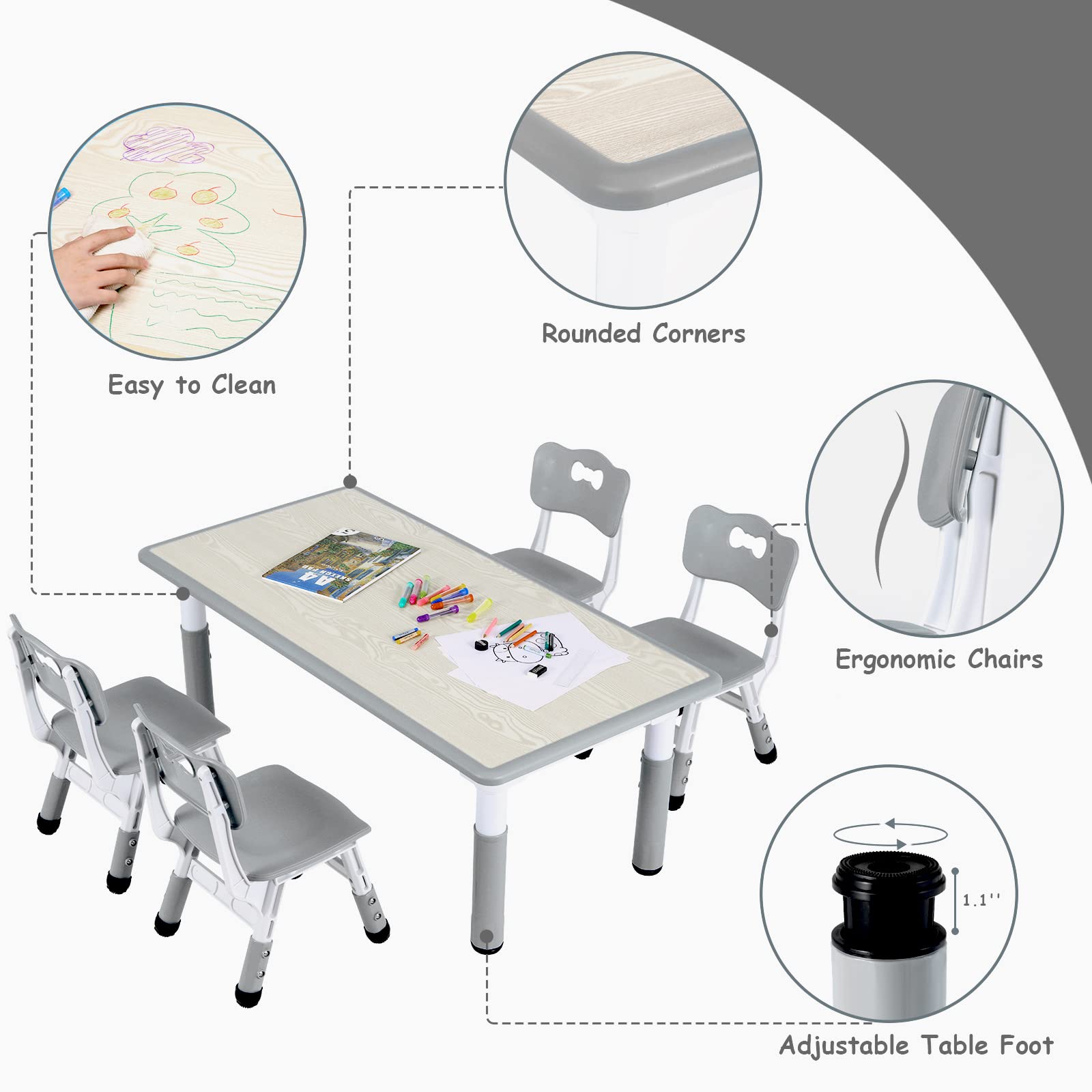 Arlopu Adjustable Height Kids Table and 4 Chair Set - Non-Slip Toddler Activity Table with Graffiti-Proof Desktop - Perfect for Reading, Arts & Crafts, Daycare, Classroom and Home Use (Grey)