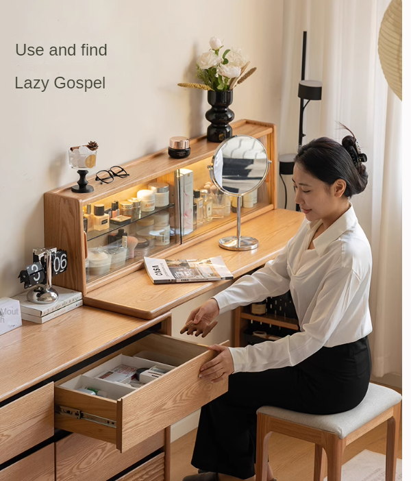 Solid Oak Wood Modern Extendable Dressing Table - Adjustable Vanity Desk for Makeup & Skincare - Perfect for Bedroom, Dorm, or Apartment