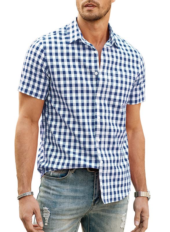 JMIERR Men's Casual Short Sleeve Button Down Shirt - 100% Cotton Plaid Shirt for Men | Perfect for Summer, Office & Casual Outings