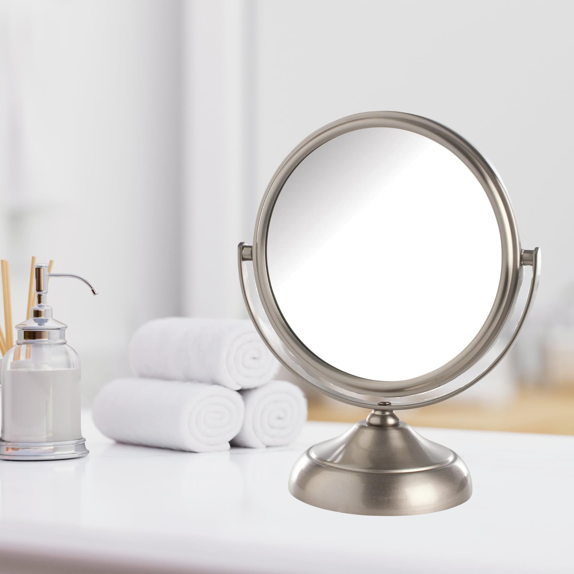 Model's Choice JERDON Nickel Finish Tabletop Vanity Mirror - 5.5” Diameter with 5X & 1X Magnification (Model MC247N) - Perfect for Makeup Application, Skincare Routine, and Salon Professional Use