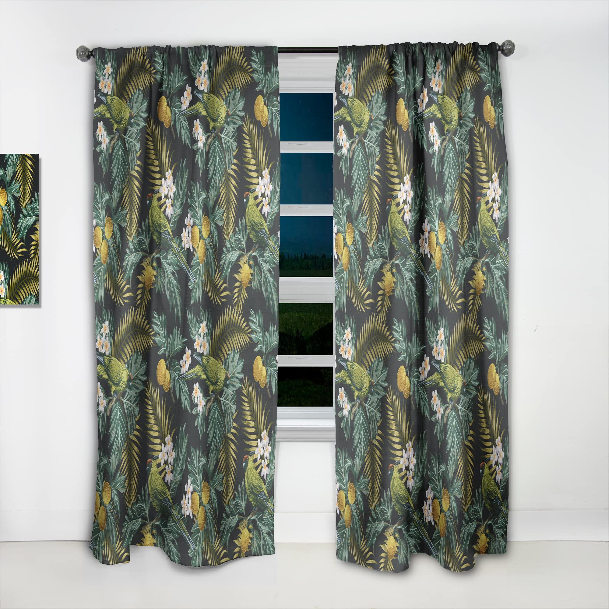 DesignQ Thermal Insulated Curtains - Tropical Leaves with Lemons & Green Bird Pattern - Single Panel 52x90 - Perfect for Bedroom & Living Room Window Treatments