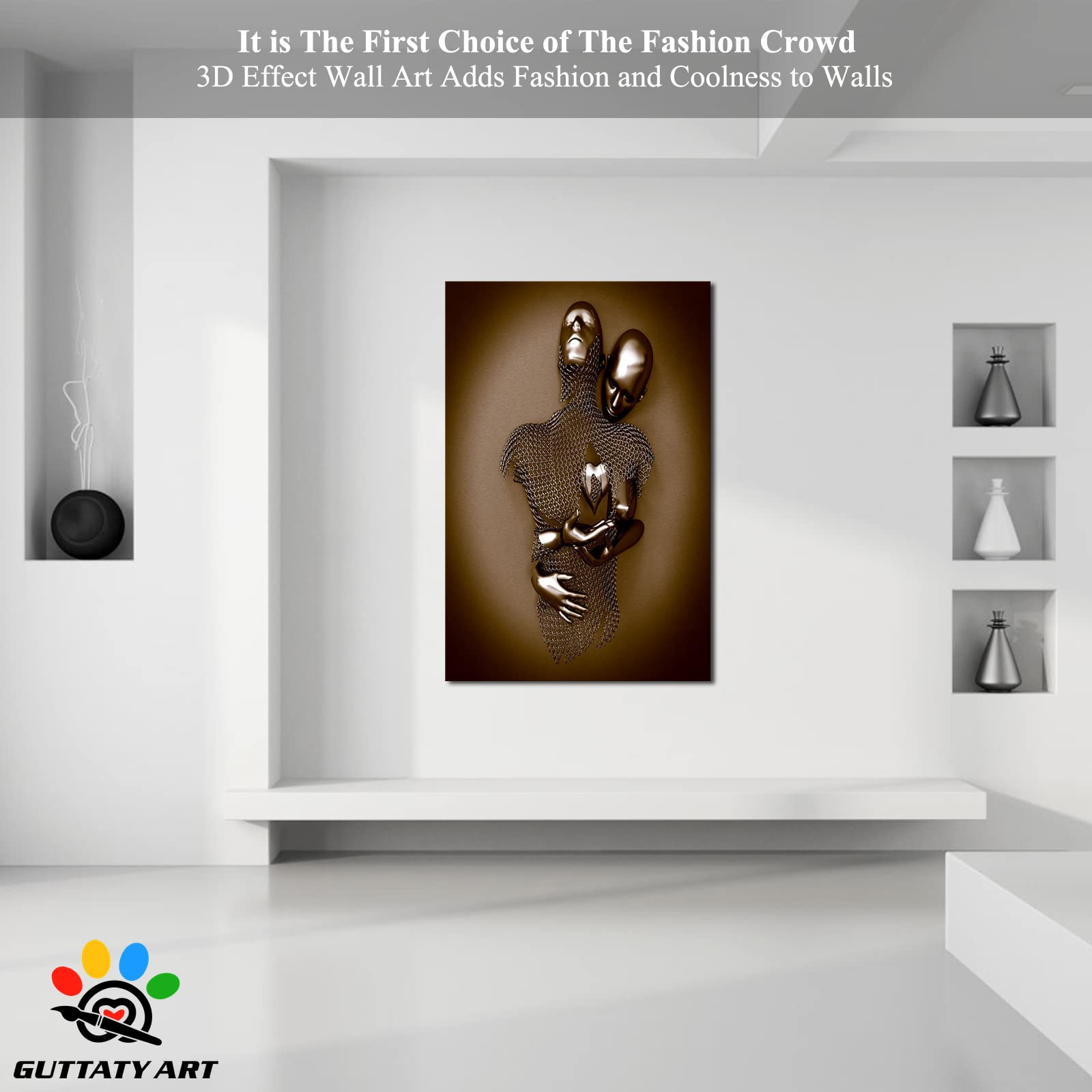 3D Metal Effect Love Heart Gray Canvas Wall Art - Romantic Hugging Couple Painting for Bedroom & Living Room Decor - Valentine's Day Gift for Couples (32x48 Inches) - Perfect for Anniversary, Wedding & Home Interior Design