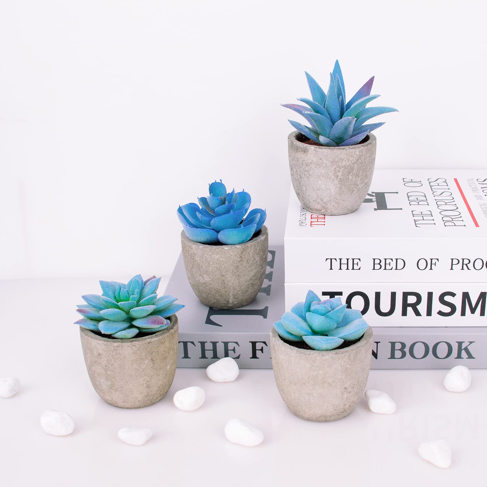 Set of 4 Blue Artificial Succulents Plants - Fake Succulents for Home Office Decor, Table Centerpiece, Bedroom, Kitchen, Dorm Desk & Bathroom Shelf Decoration - Low Maintenance Indoor Plants for Modern Spaces