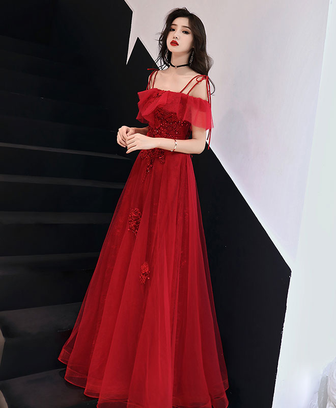 Elegant Burgundy Tulle Lace Long Prom Dress & Evening Gown for Women - Perfect for Homecoming, Formal Dances, Weddings and Special Occasions