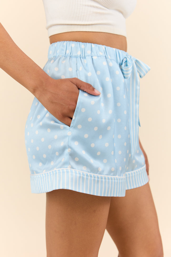 Blue Polka Dot Satin Pajama Shorts for Women - Comfortable Sleepwear & Lounge Shorts - Perfect for Summer Nights, Vacations and Relaxing at Home