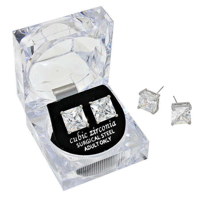 10mm Square Cut Crystal Cubic Zirconia (CZ) Earrings - Sparkling Clear Gemstone Jewelry for Women, Elegant Gift Box Included | Perfect for Weddings, Parties & Special Occasions