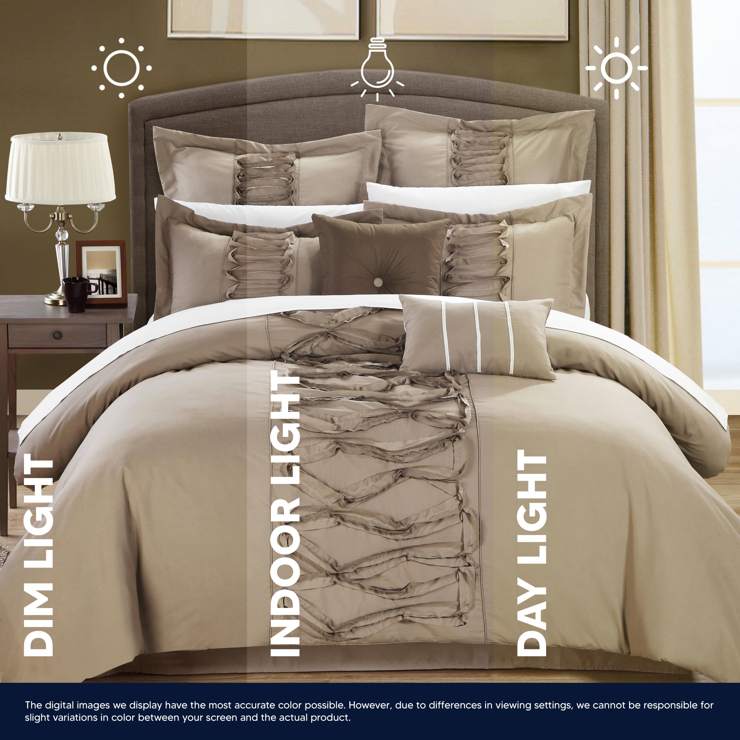 Chic Home 8-Piece Ruth Ruffled Comforter Set King Size in Taupe - Luxury Bedding for Master Bedroom & Guest Room Decor