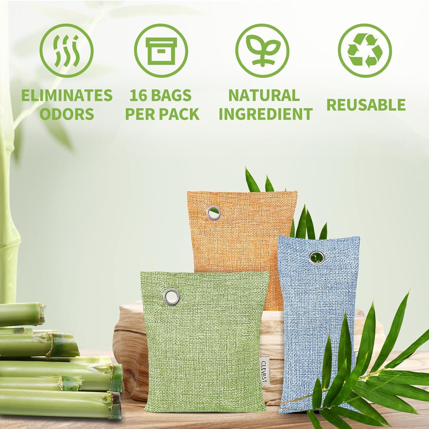 CLEVAST 16 Pack Activated Bamboo Charcoal Air Purifying Bags (8x100g, 8x50g) - Natural Odor Absorber, Dehumidifier & Air Freshener for Home, Closet, Car, Shoe Cabinet & Pet Areas | Eliminates Bad Smells & Moisture | Eco-Friendly Air Purifier Bags
