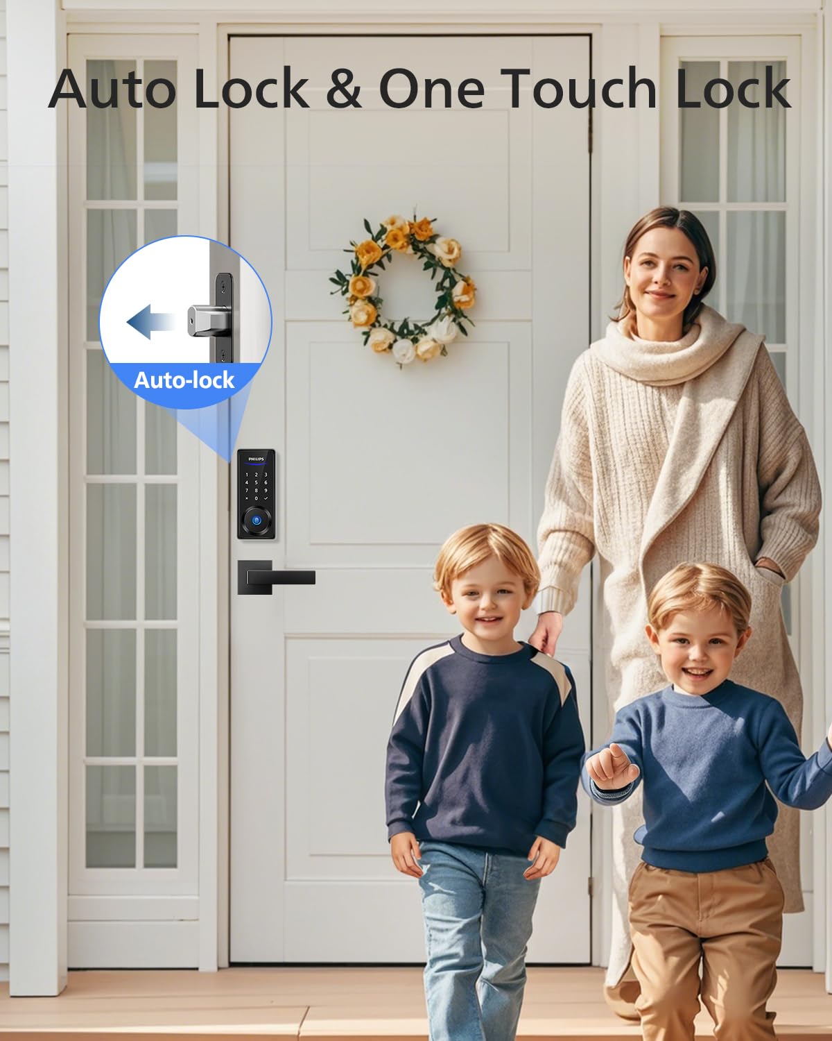 Philips Smart Fingerprint Door Lock Set - Keyless Entry with 2 Lever Handles, Auto Locking, Touchscreen Keypad & Backup Key - Secure Electronic Front Door Lock for Homes & Apartments - Perfect for Modern Smart Home Security & Convenient Keyless Access