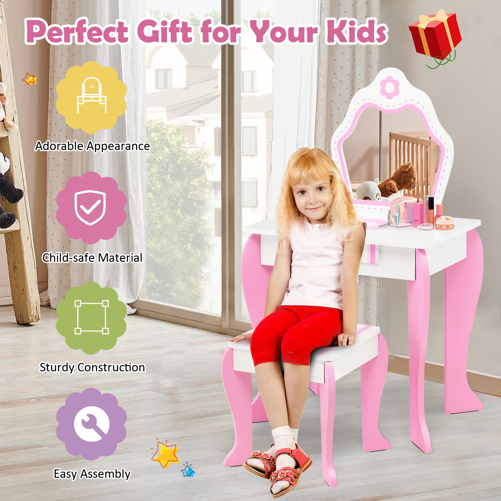 HONEY JOY Kids Vanity Set - Wooden Princess Makeup Table & Chair with Detachable Mirror & Storage Drawer - Pretend Play Dress Up Vanity for Toddler Girls - Flower White - Perfect for Bedroom, Playroom & Birthday Gifts