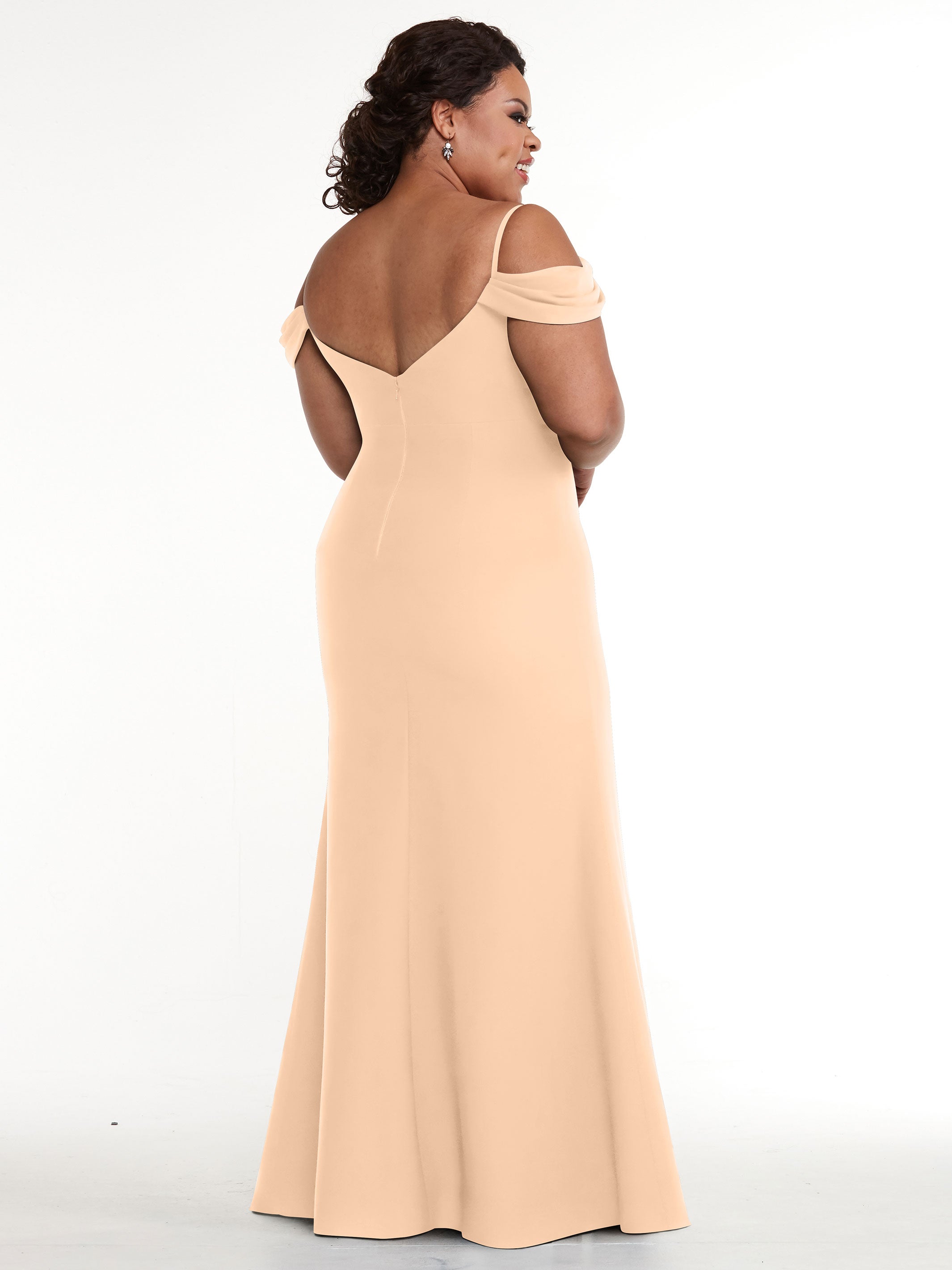 Elegant 83029 Fitted Stretch Chiffon Off-The-Shoulder Bridesmaid Dress with High Slit - Perfect for Weddings, Prom & Formal Events