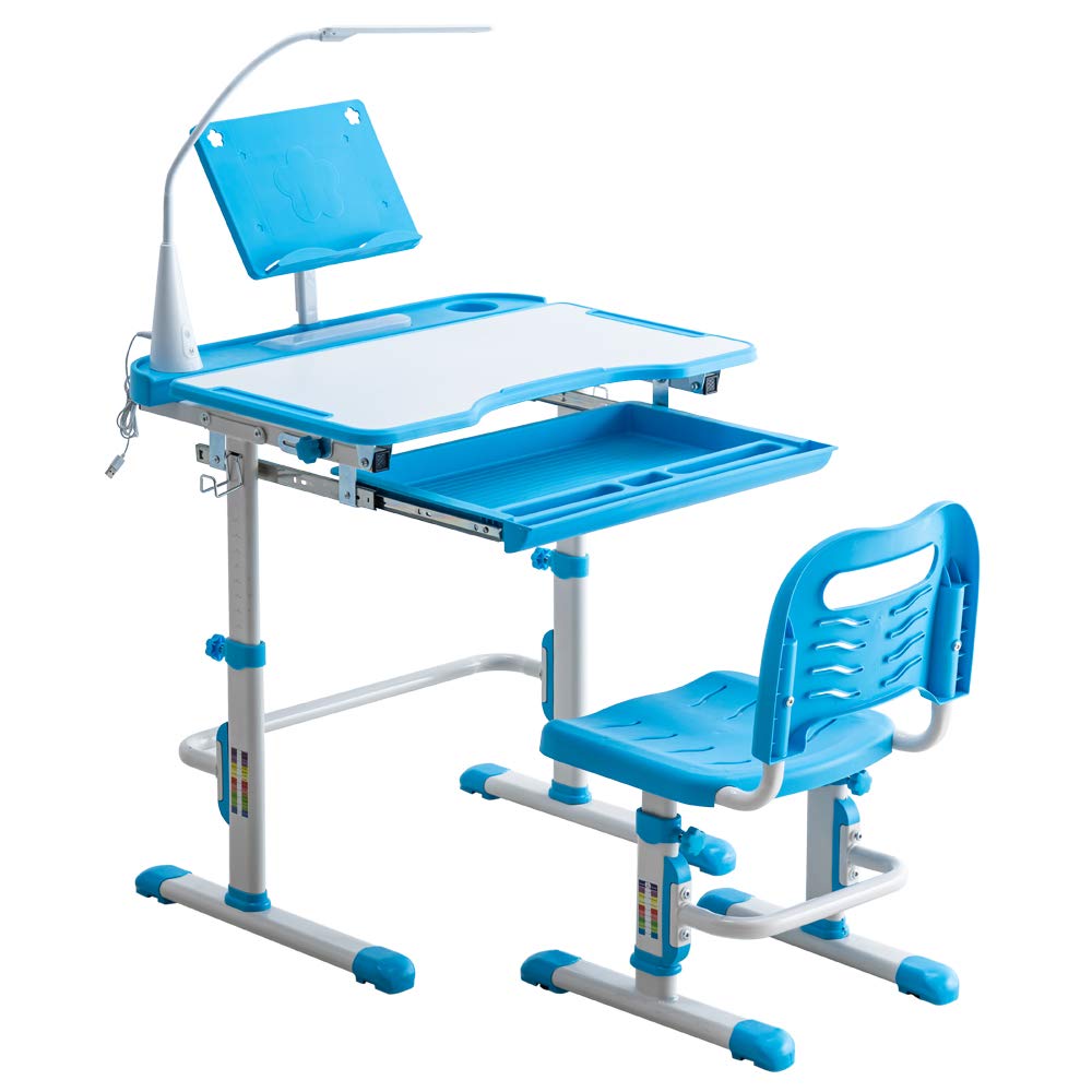 **Tenozek Adjustable Height Kids Desk and Chair Set with LED Light - 70x48x(52-74)cm Study Table for Children, Home Schooling, Reading & Homework (Blue) - Perfect for Small Spaces & Growing Kids**