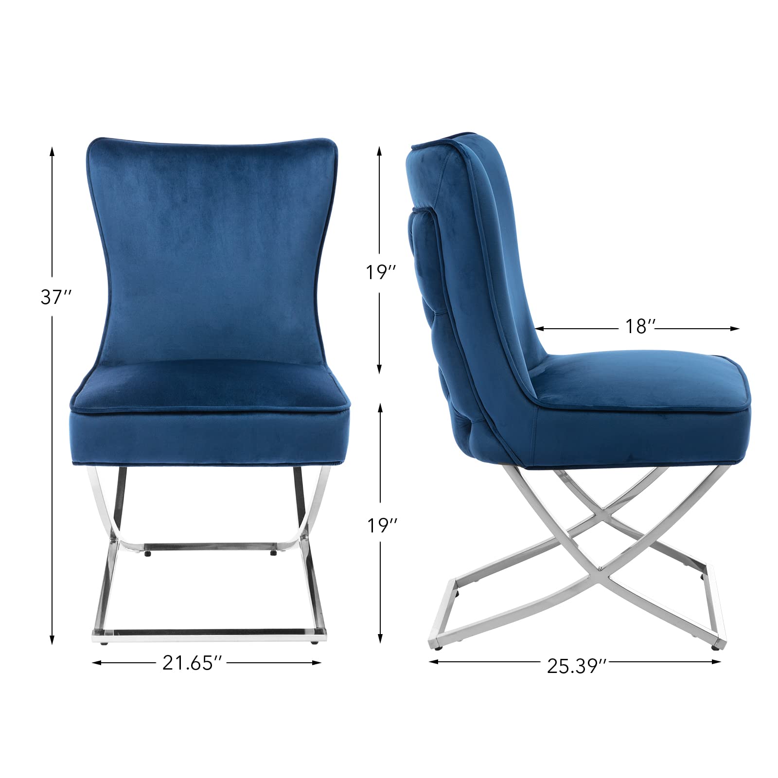 Modern Stainless Steel Legs Velvet Dining Chairs Set of 2 - Royal Blue Upholstered Button Tufted Back Chairs with Solid Piping | Elegant Dining Room Furniture for Home, Restaurant & Office Use