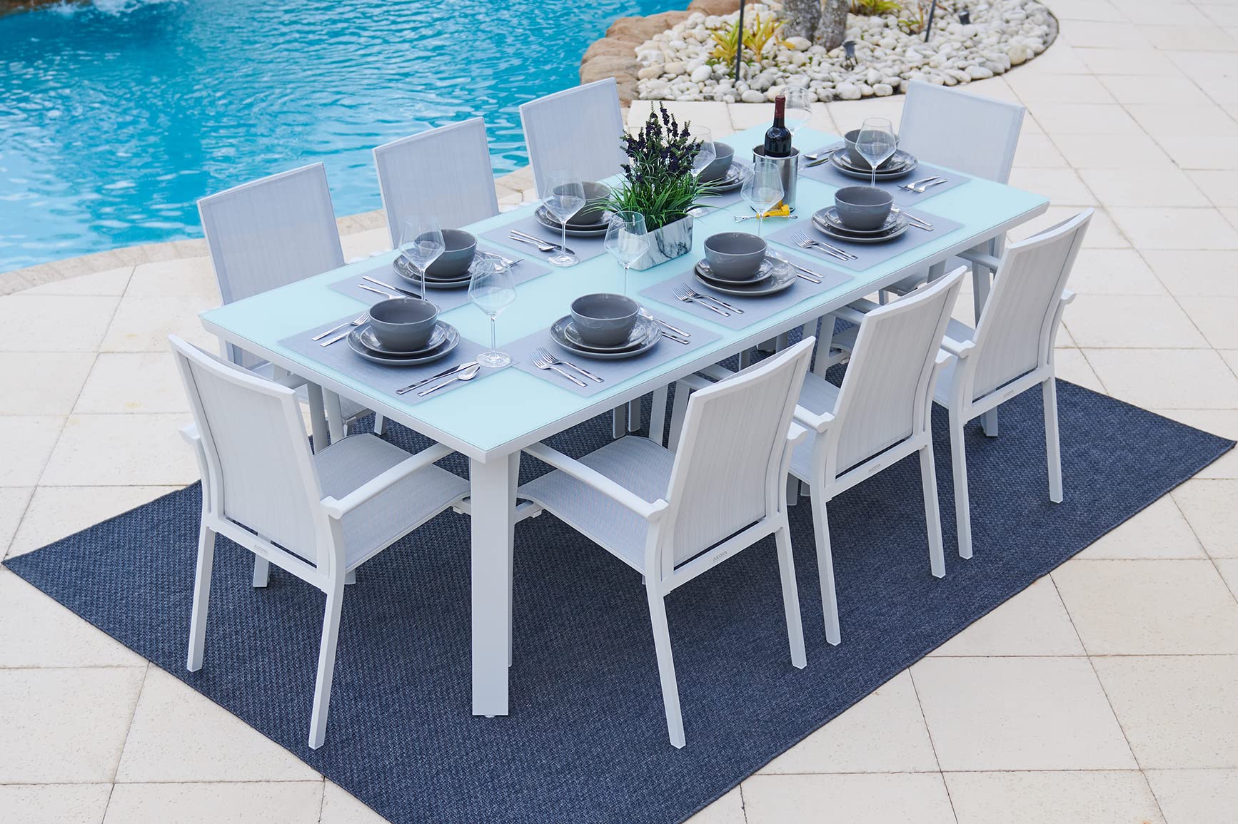 Premium Juno 9-Piece White Aluminum Outdoor Patio Dining Set with Table & 8 Sling Chairs - Perfect for Backyard BBQs, Poolside Lounging & Garden Entertaining