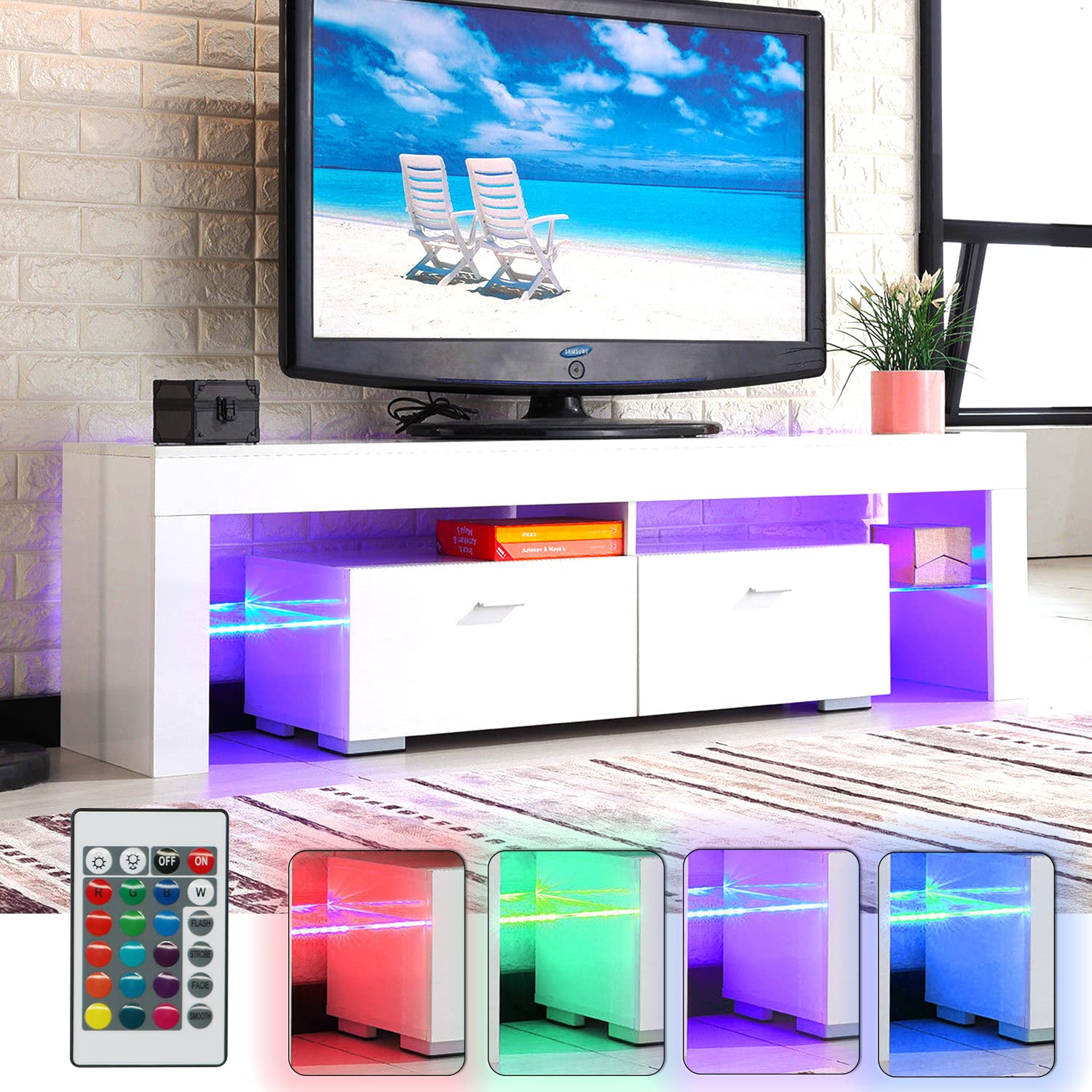 70 Inch White TV Stand with 16-Color LED Lights - High Gloss Entertainment Center with Large Storage Cabinet & Glass Shelves - Perfect for Living Room, Bedroom & Home Theater Setup