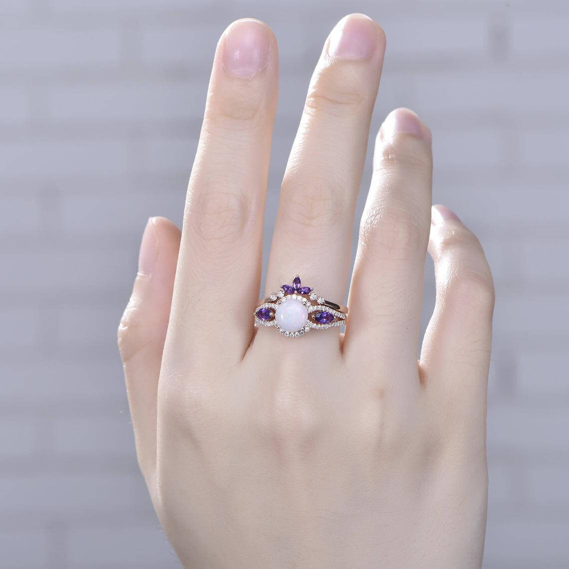 Natural Fire Opal & Marquise Amethyst Wedding Ring Set - Elegant Engagement & Bridal Jewelry for Women - Perfect for Proposals, Anniversaries & Special Occasions