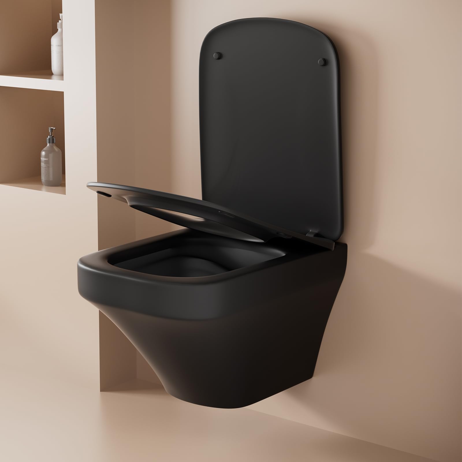SUPERFLO Square Wall Mounted Toilet Bowl with Soft Close Seat - Modern One Piece Black Wall Hung Toilet for Bathroom, Rear Outlet Design (Tank & Bracket Not Included) | Perfect for Small Bathrooms, Contemporary Homes & Space-Saving Solutions