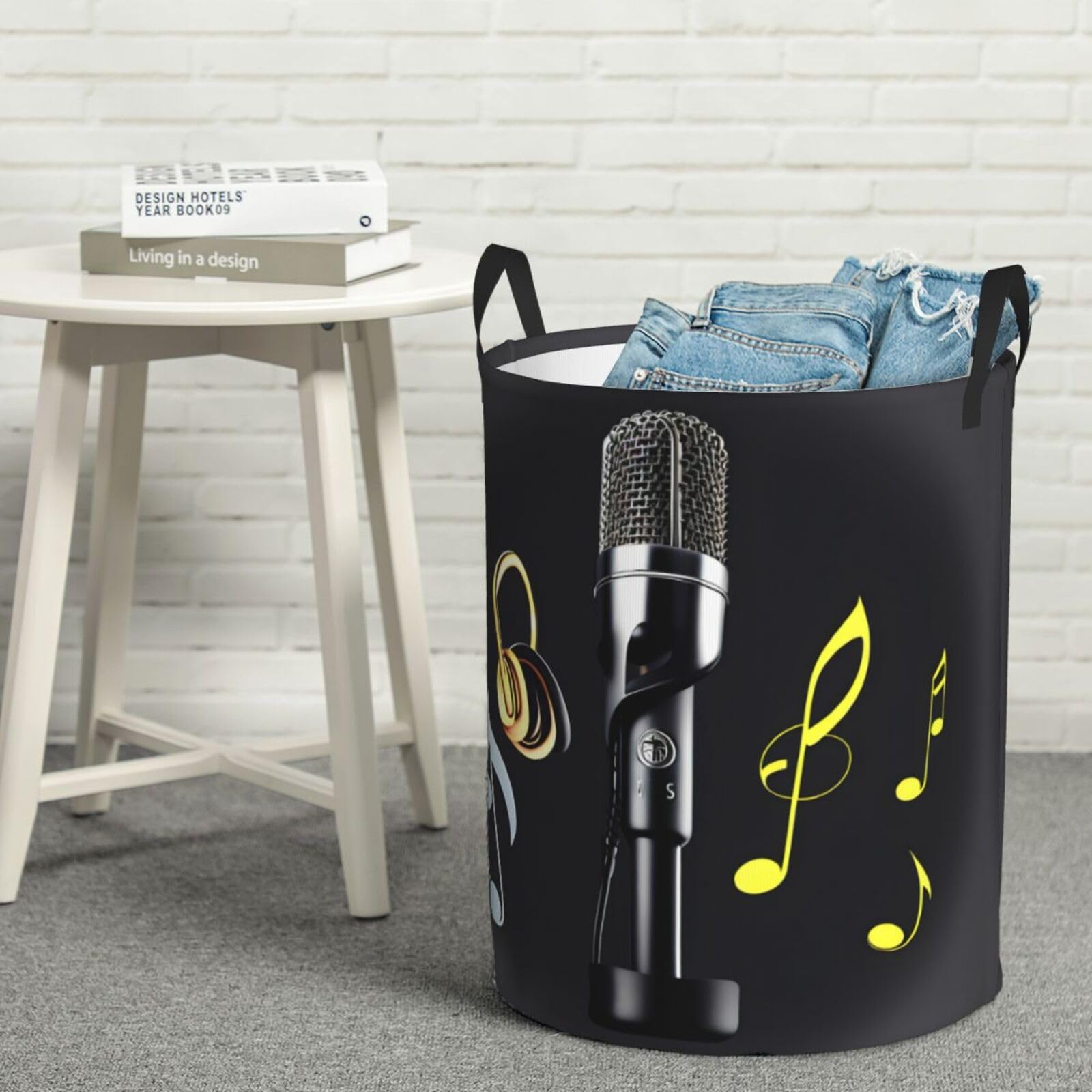 Round Laundry Hamper with Musical Notes & Handles - Perfect for Bedroom, Home Organization | Stylish & Functional Storage Basket for Clothes, Toys & More
