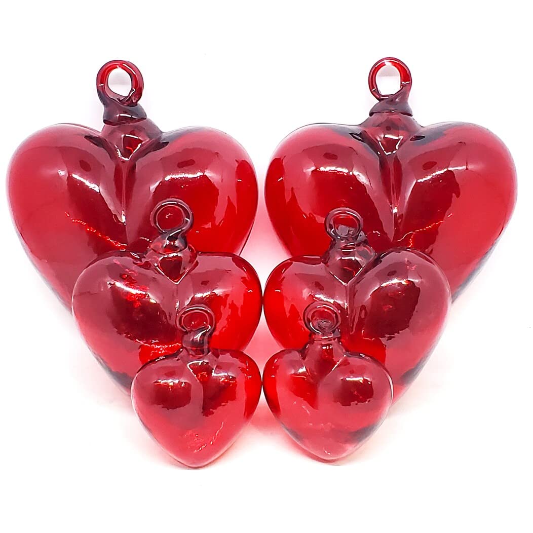 Red Hanging Glass Hearts Set of 6 - Handmade Recycled Blown Glass Decor in 3 Sizes - Perfect for Valentine's Day, Wedding Decorations & Home Wall Ornaments