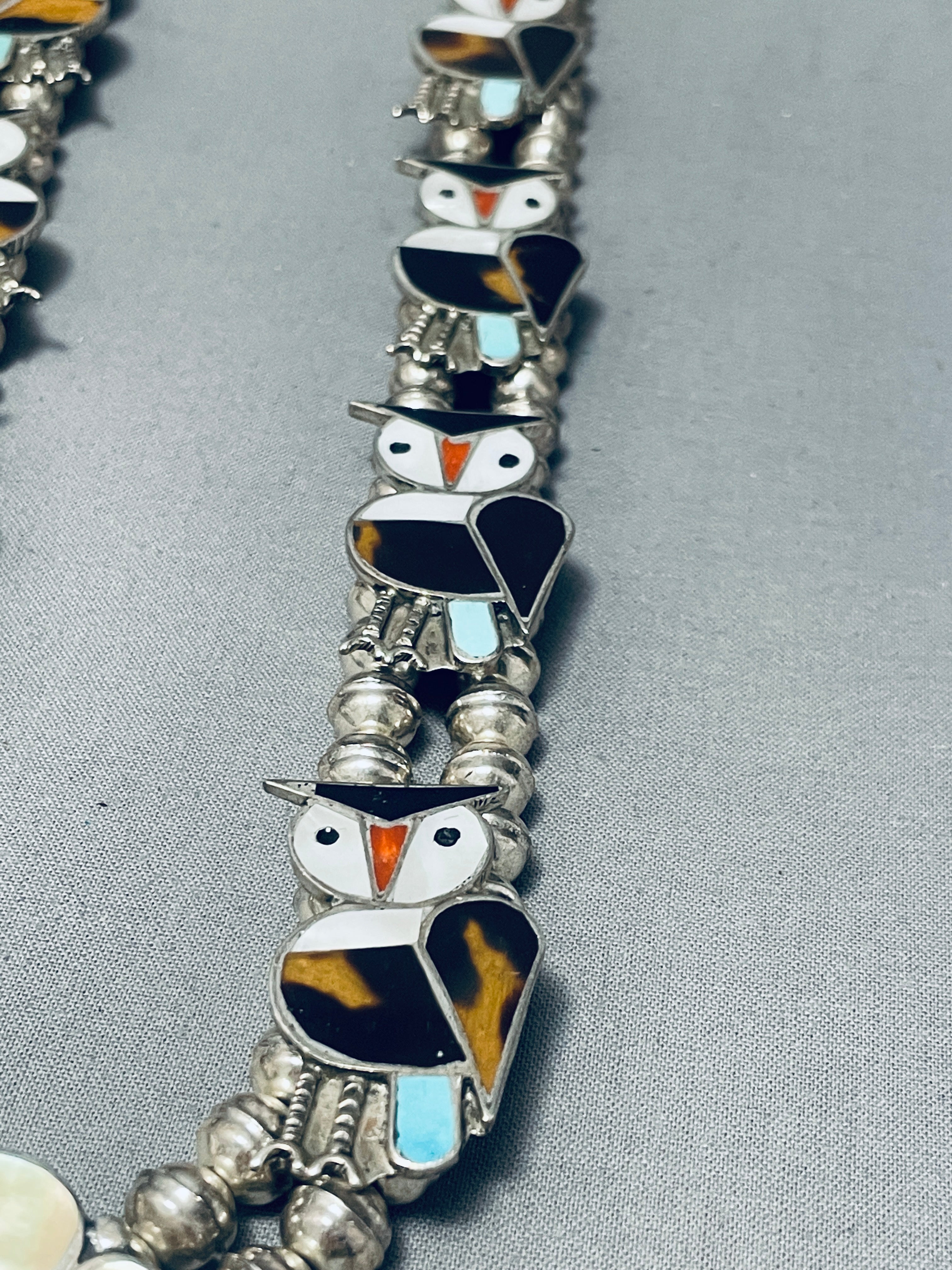 Vintage 1970s Zuni Native American Owl Sterling Silver Squash Blossom Necklace - 149g Handcrafted Inlay Jewelry for Boho Fashion & Southwest Style Outfits