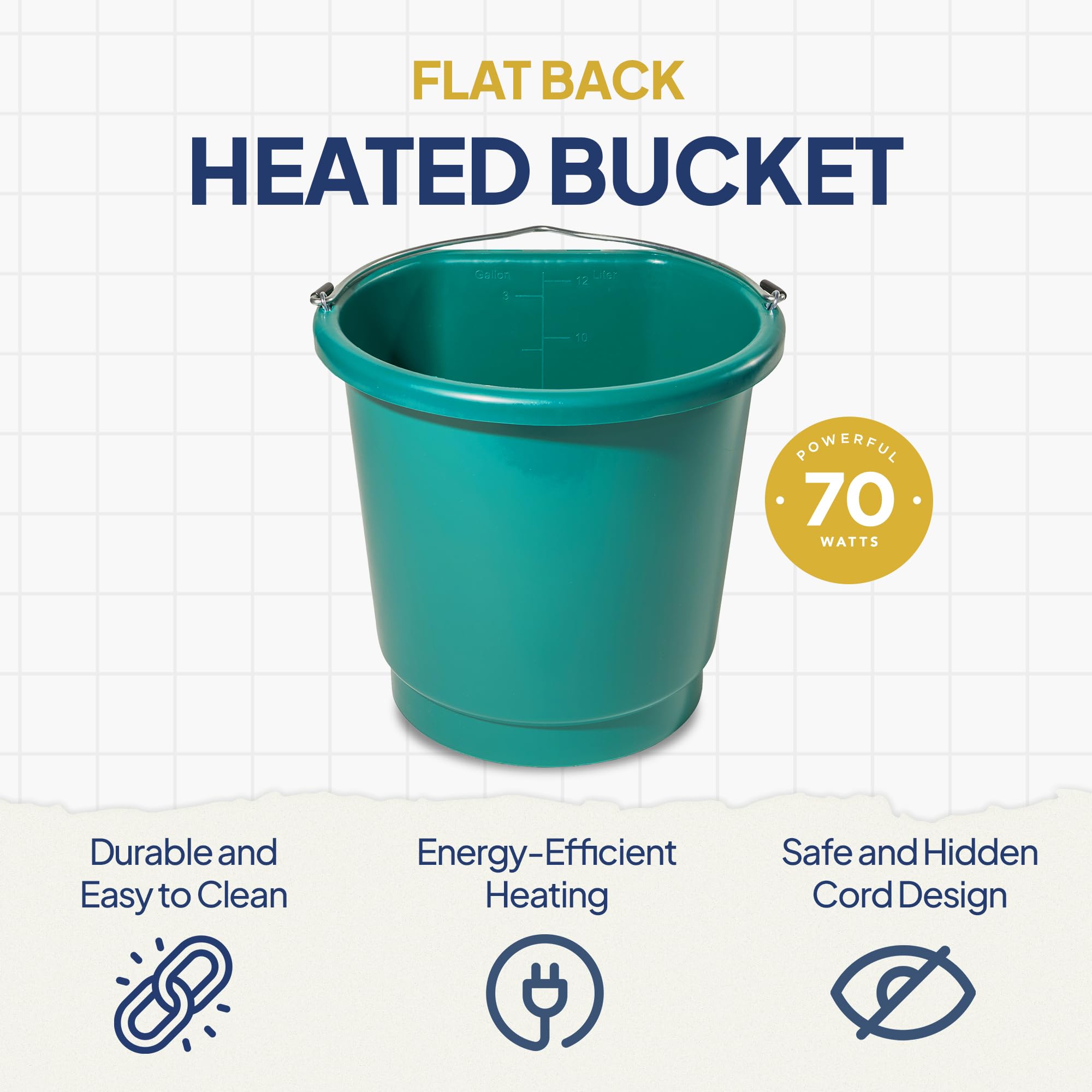 Farm Innovators 3 Gallon Heated Bucket with Thermostat - Green Plastic Flat Back Design, Metal Handle & Hidden Cord Storage - 70W (3 Pack) for Livestock Watering, Winter Pet Care & Outdoor Animal Hydration