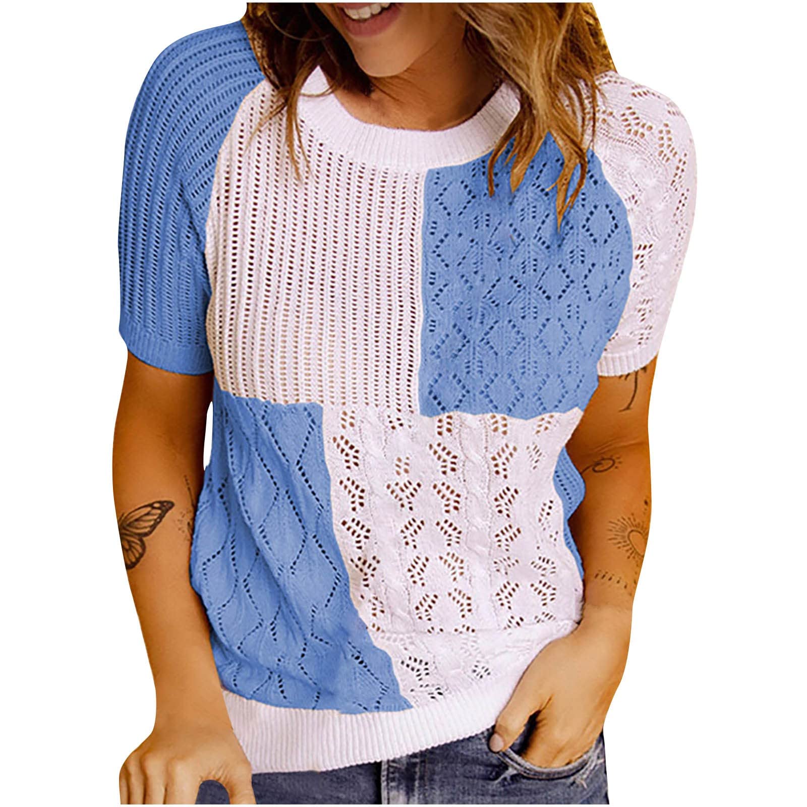 Women's Short Sleeve Round Neck Casual Patchwork Tee - Hawaiian Style Printed T-Shirt & Activewear Top for Summer, Beach, and Outdoor Activities
