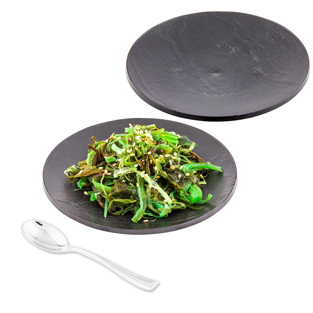 100-Pack Black 5-Inch Plastic Dessert Plates & 100-Pack Silver 4-Inch Mini Plastic Spoons for Parties, Picnics, and Catering Events
