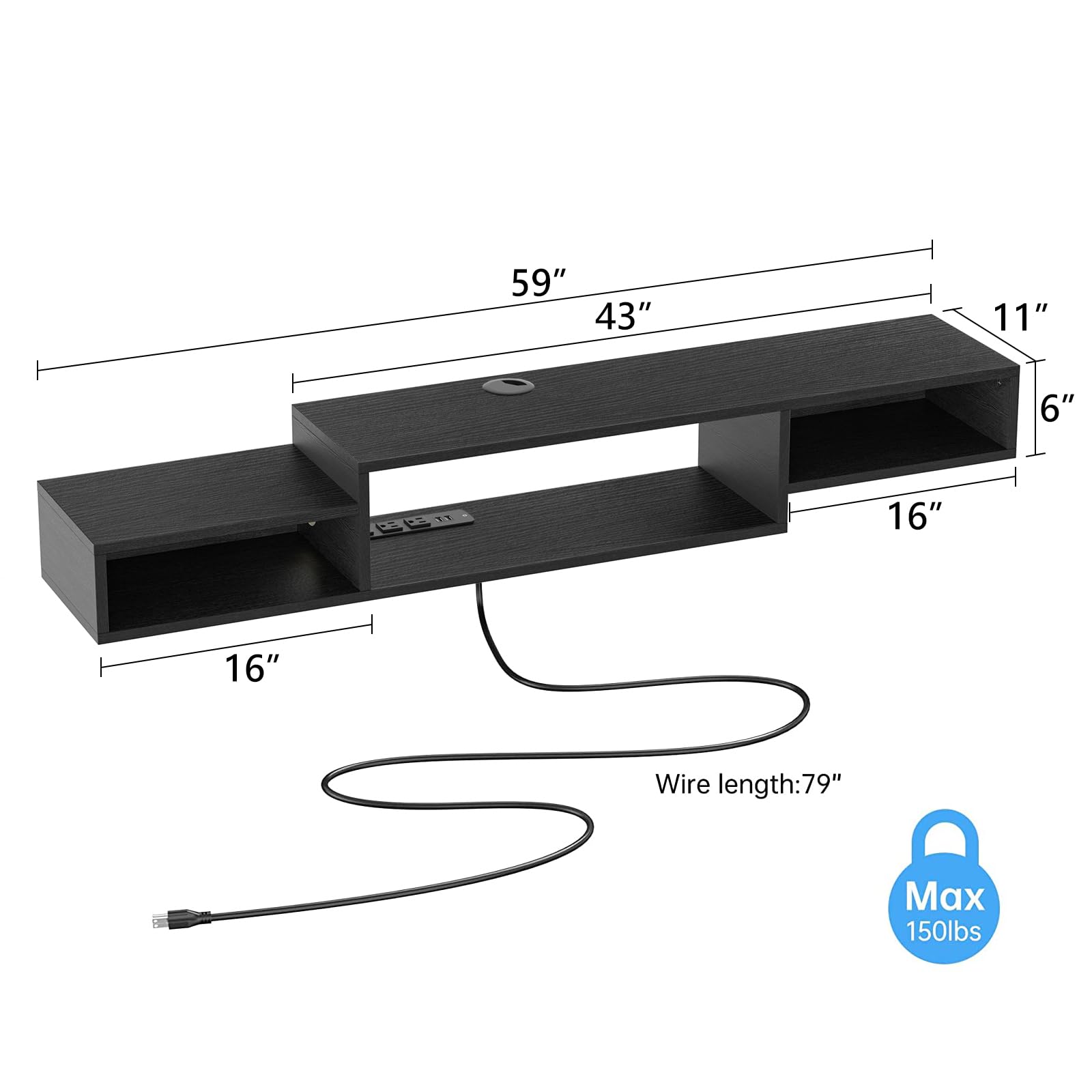 FABATO 59-Inch Floating TV Stand with LED Lights & Power Outlet, Wall Mounted Entertainment Center with Storage Shelf - Modern Media Console for Living Room, Bedroom & Home Theater (Black)