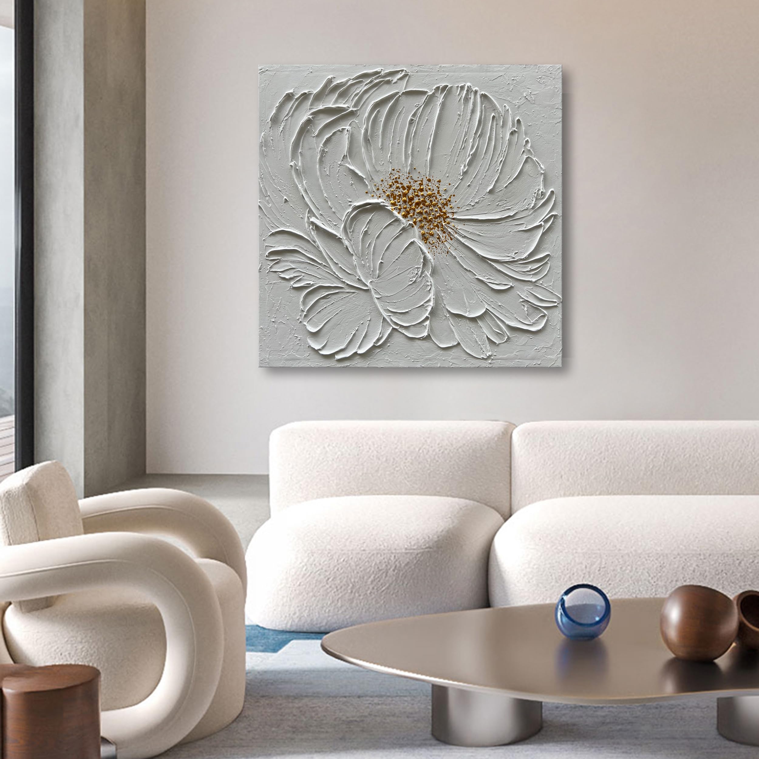 36x36 Inch White Flower Texture Abstract Hand Painted Canvas Wall Art - Modern Home Decor for Living Room, Bedroom & Office