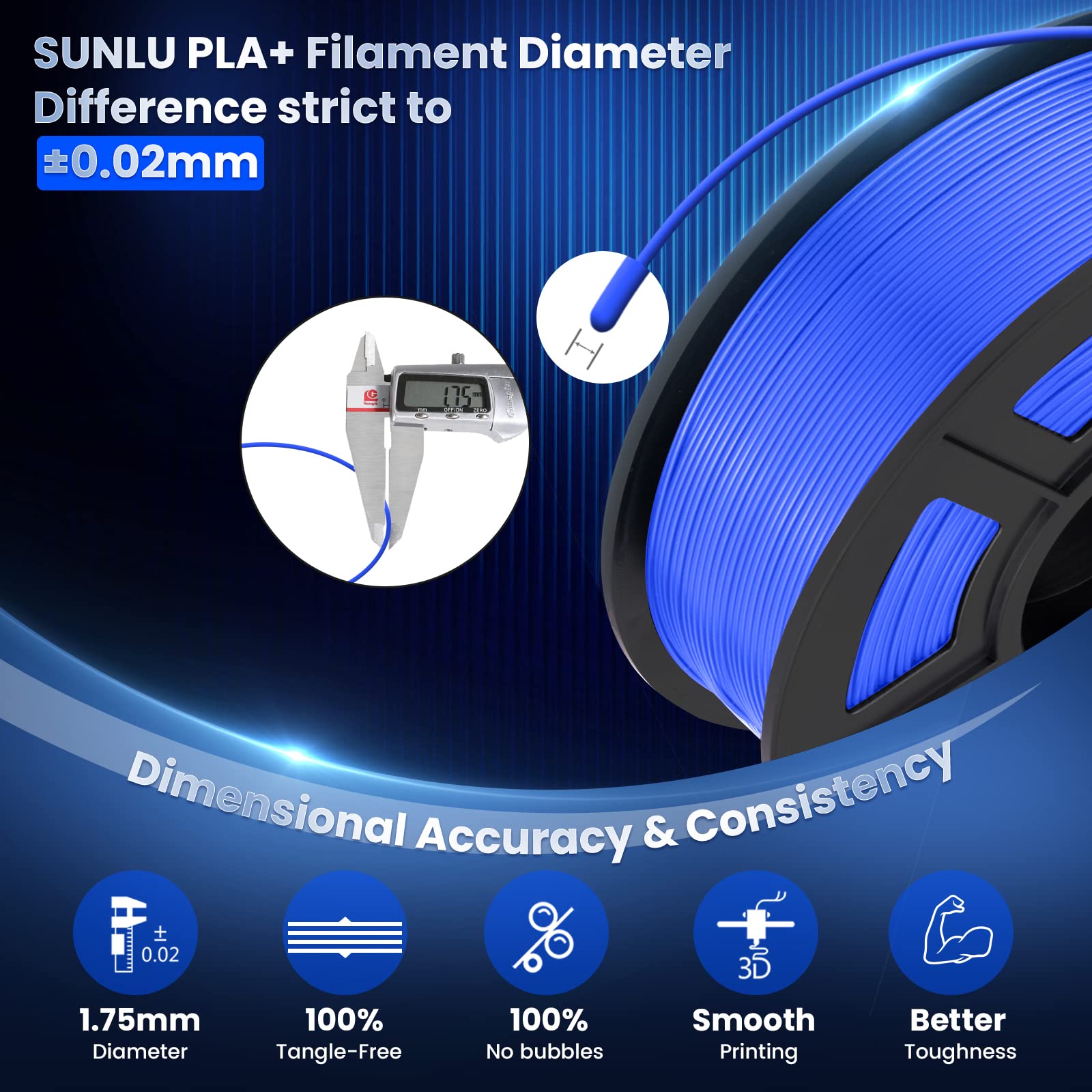 SUNLU PLA Plus 3D Printer Filament 1.75mm - High Precision +/-0.02mm, 1kg Spool (2.2lbs) - Premium PLA+ Filament for FDM 3D Printers - Ideal for Prototyping, DIY Projects & Creative Models - Blue