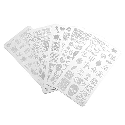 SOLUSTRE 5Pcs Halloween Nail Stamping Plates Set - Skull & Ghost Nail Art Templates with Stamper for Manicure | DIY Nail Design Kit for Halloween Parties, Cosplay & Spooky Nail Art