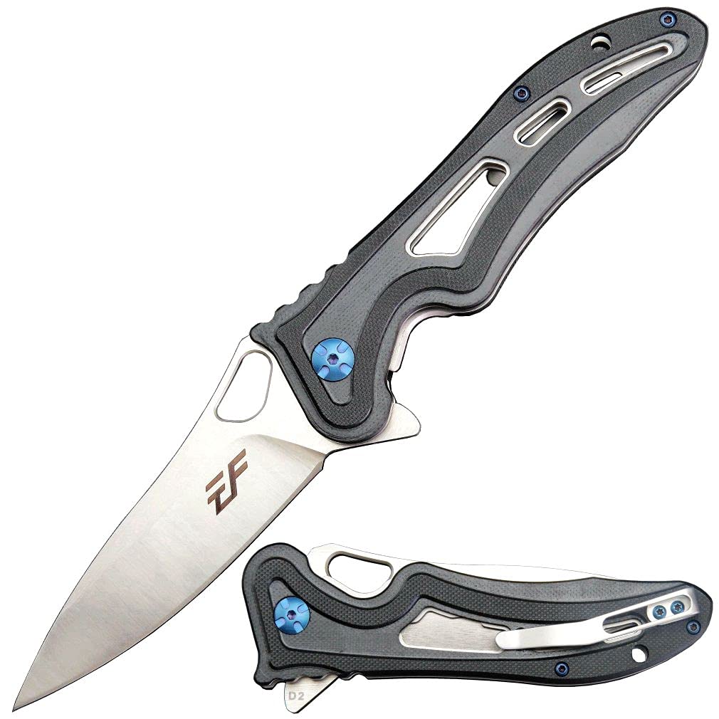 Eafengrow EF938 Tactical Folding Knife - D2 Steel Blade, G10 Handle, Pocket Clip - EDC, Camping, Outdoor Survival - Reliable Liner Lock Flipper Knife (Black) for Hunting, Hiking & Everyday Carry
