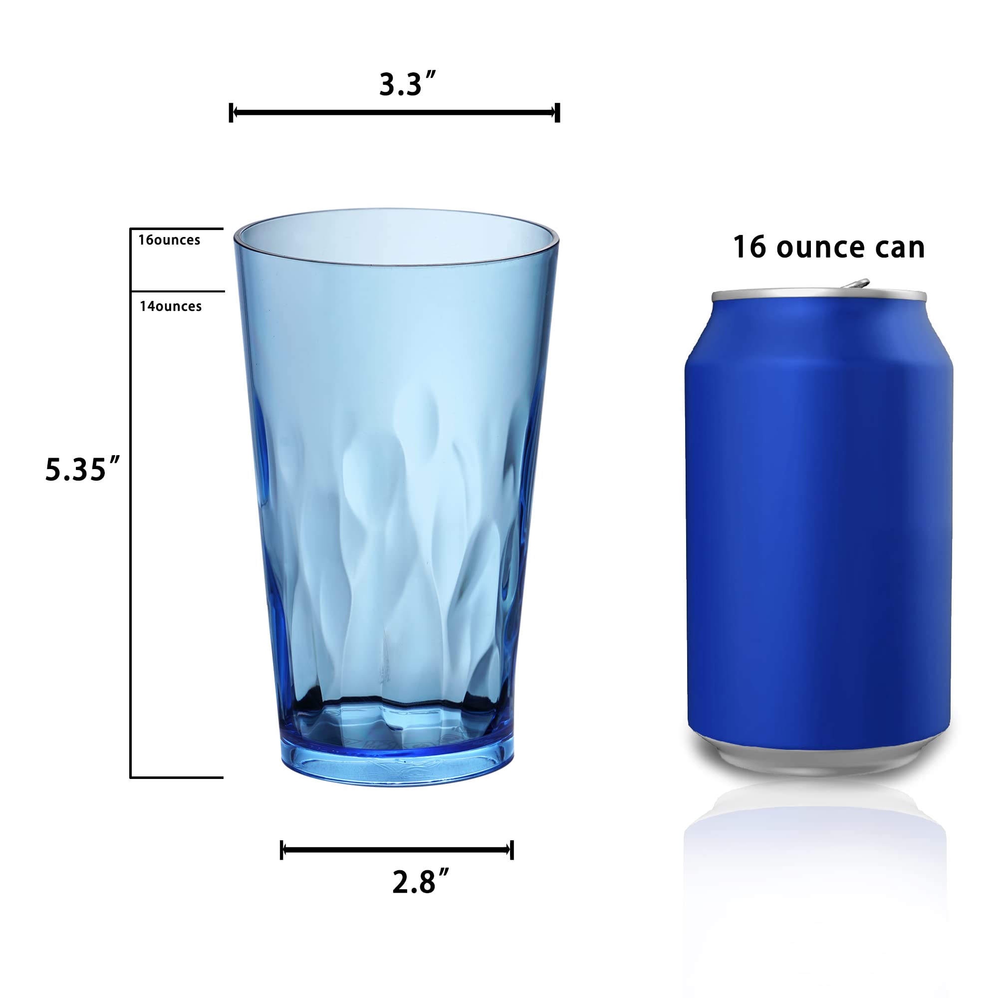 Unbreakable Plastic Drinking Glasses Set of 6 - Shatterproof Tumblers, Reusable Glass Cups, Dishwasher Safe (16oz) - Perfect for Outdoor Picnics, Pool Parties & Daily Use