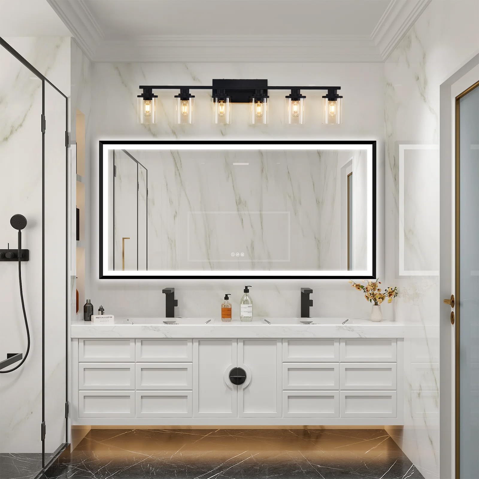 Stambord 6-Light Matte Black Bathroom Vanity Light Fixture with Clear Glass Shade & Metal Base - Modern Black Vanity Lighting for Bathroom Mirror - Perfect for Bathroom, Powder Room, and Dressing Room Makeup Area