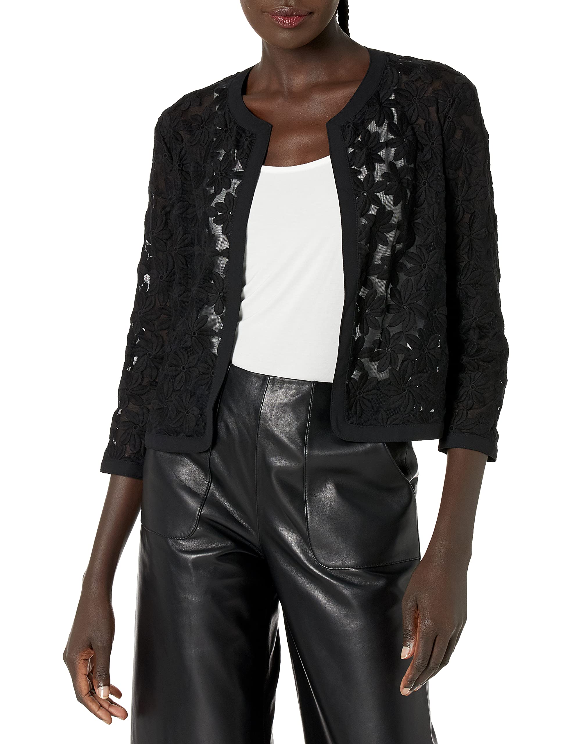 Anne Klein Women's Floral Lace Mesh Cardigan Sweater - Lightweight Open Front Knit Cover-Up for Spring & Summer - Perfect for Office, Date Night, and Beach Outings
