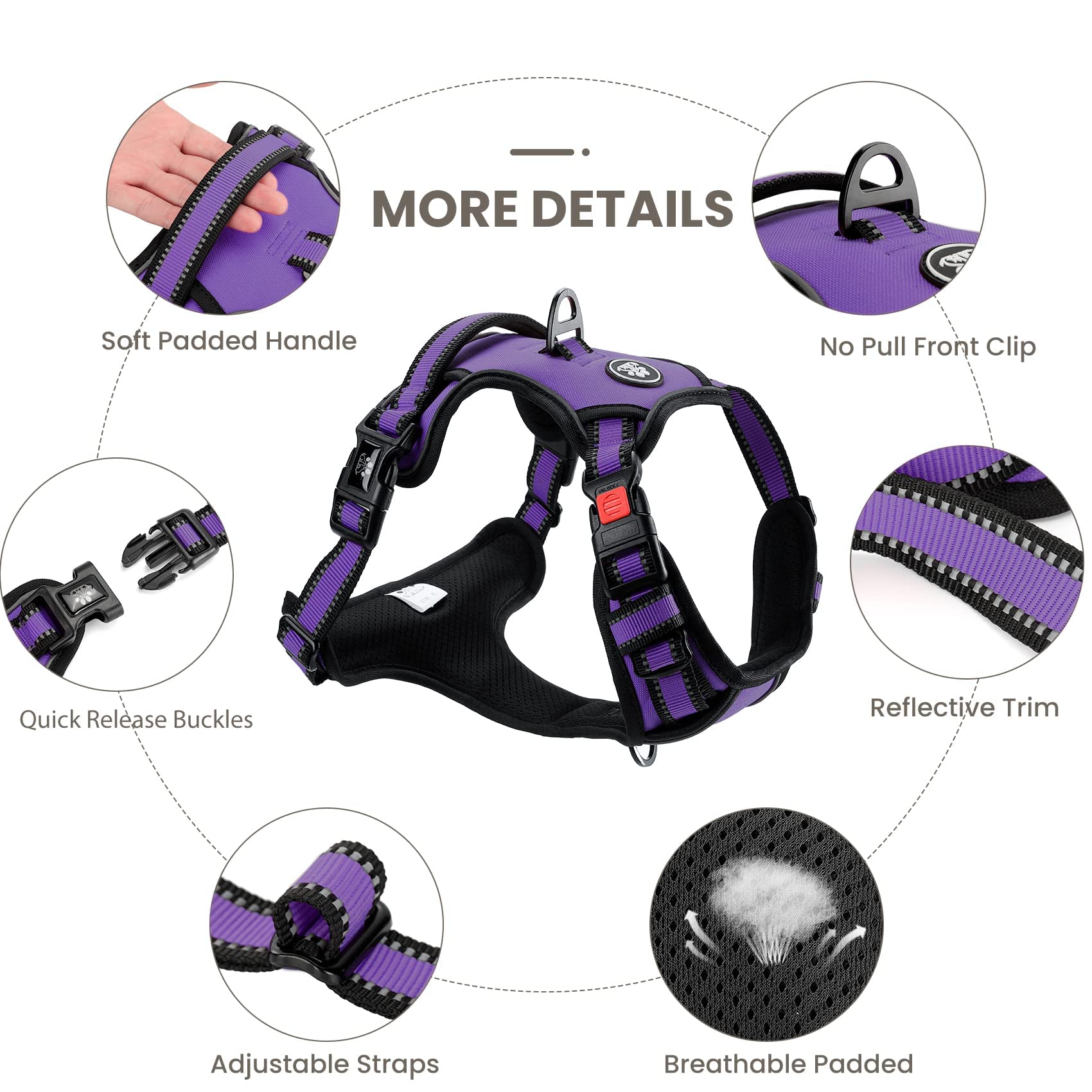 FURRYFECTION No Pull Dog Harness with Reflective Oxford & Padded Handle - Adjustable Pet Vest for Small Medium Large Dogs - 4 Straps & 2 Leash Clips - Choke-Free Design (Purple, XL) - Perfect for Walking, Hiking & Outdoor Adventures