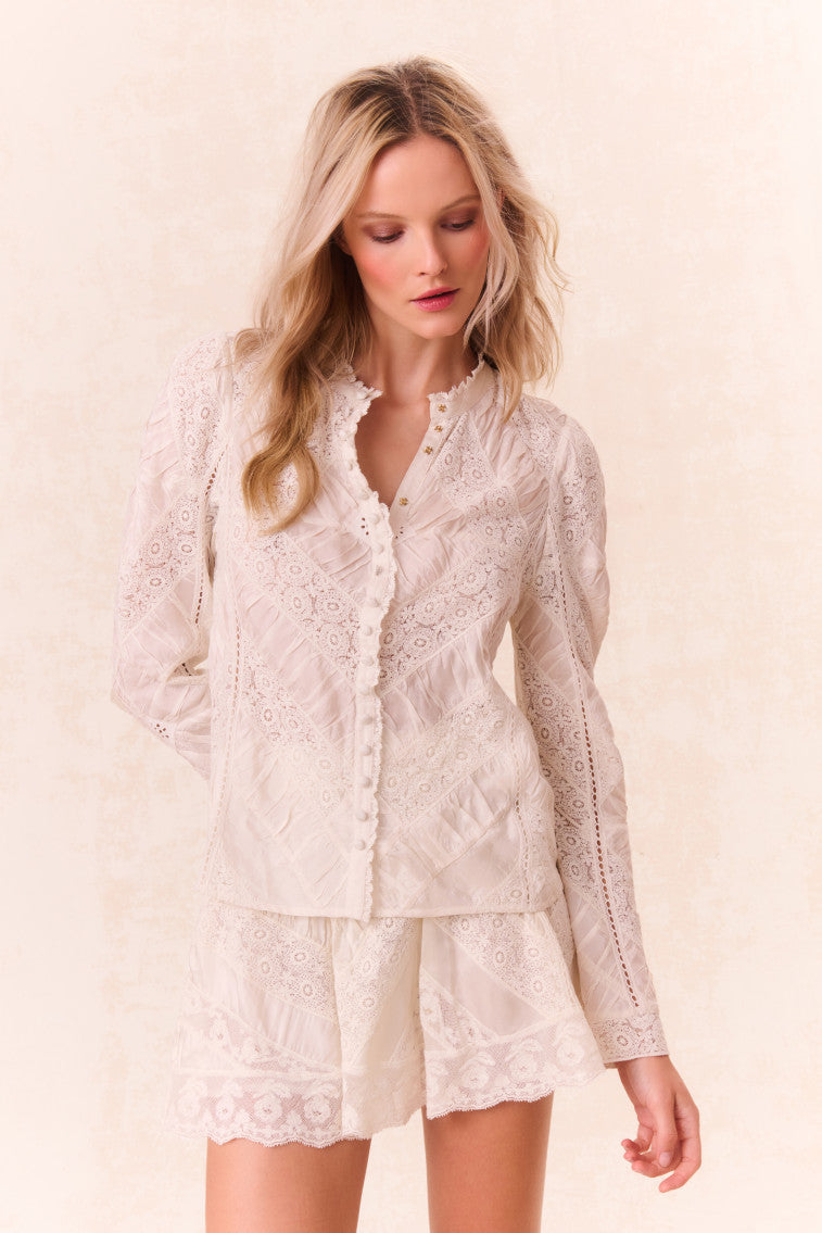 Isaline Women's Button Down Lace Blouse - Elegant Floral Lace Top for Office, Date Night & Special Occasions