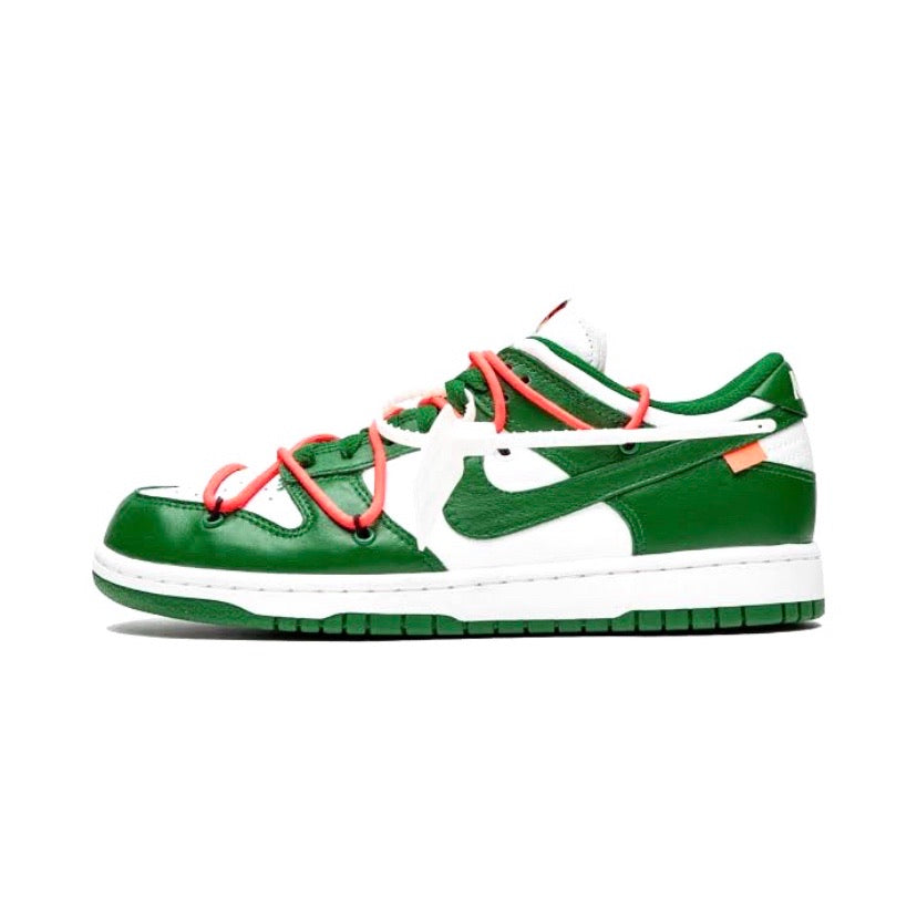 Off White x Nike Dunk Low Leather Sneakers - White & Pine Green Colorway - Limited Edition Collaboration - Perfect for Streetwear & Sneaker Collectors